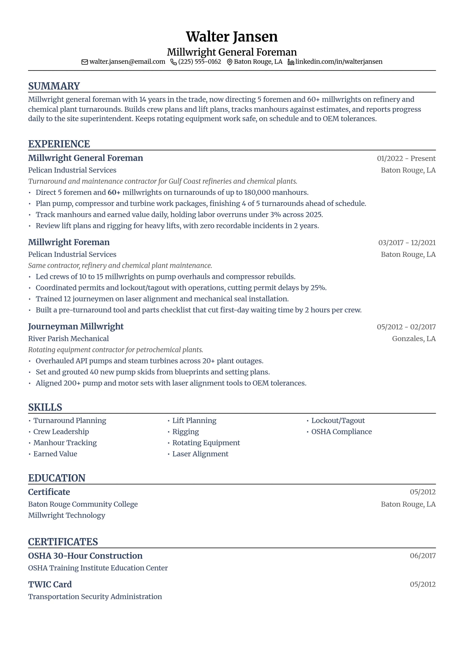 Millwright General Foreman resume example