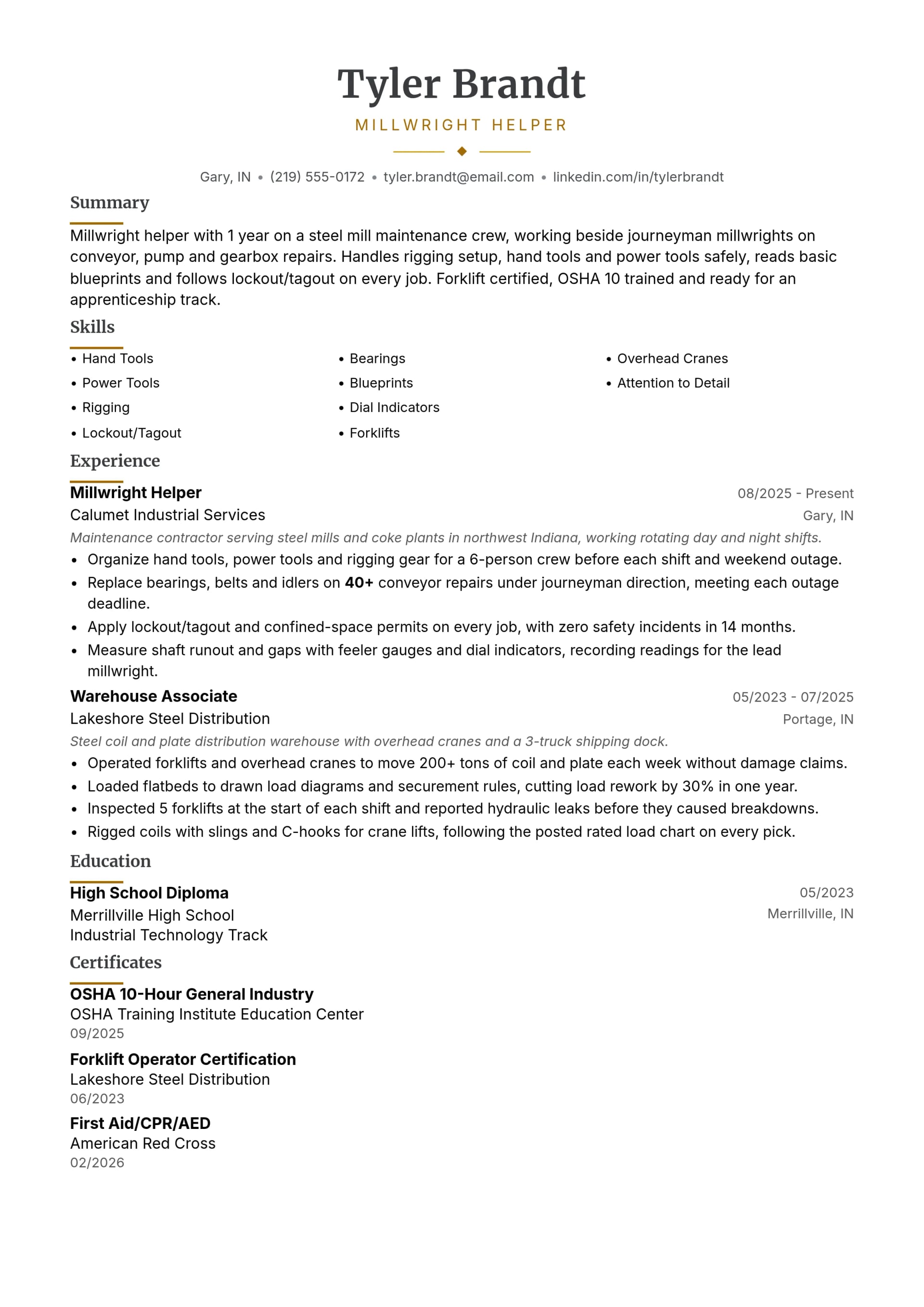 Millwright Helper resume example