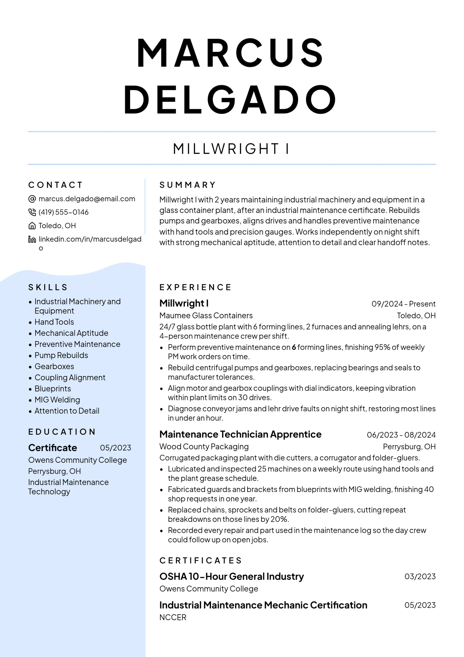Millwright I resume example