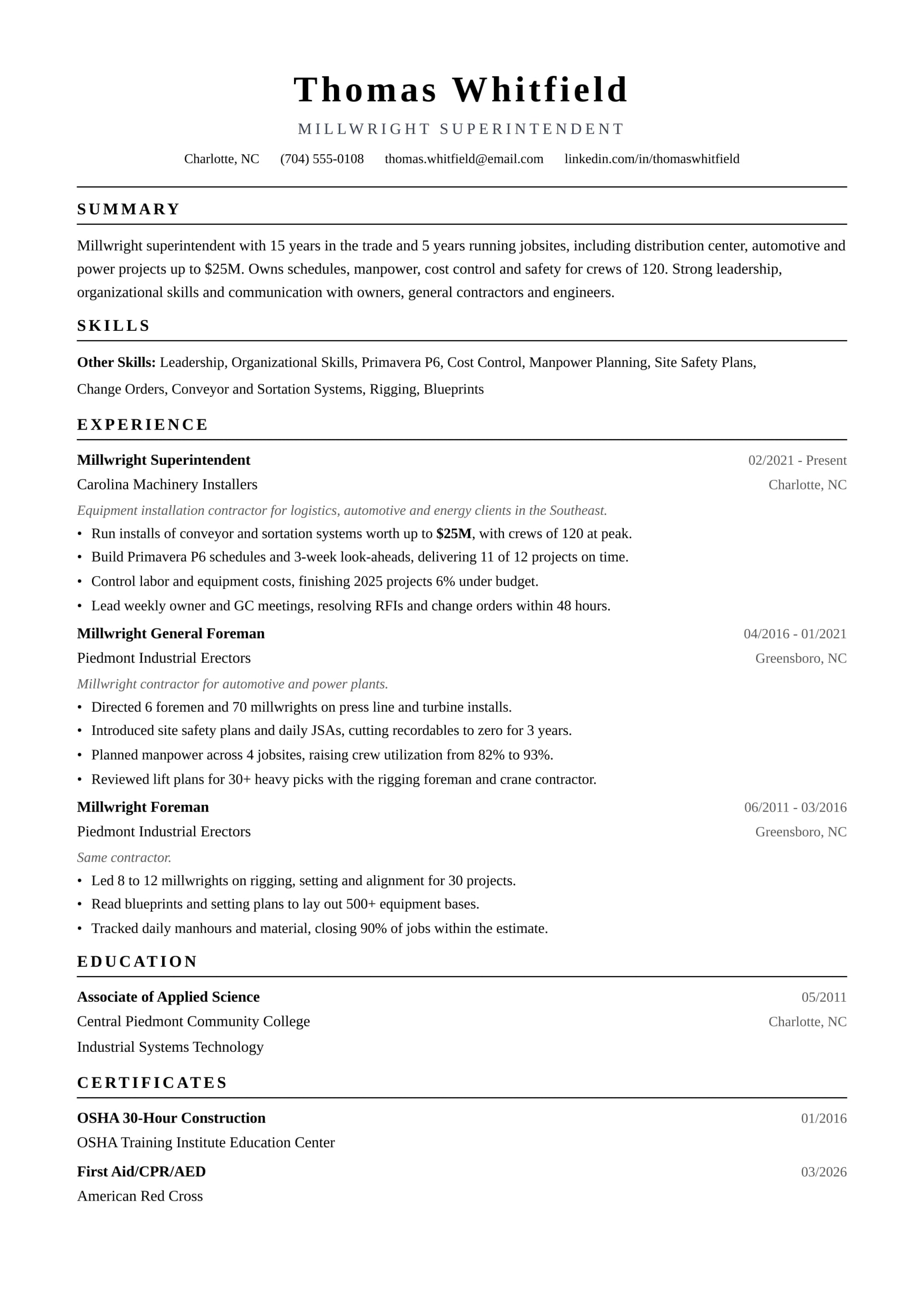 Millwright Superintendent resume example