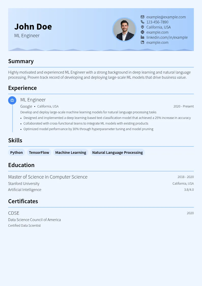 ML Engineer resume example