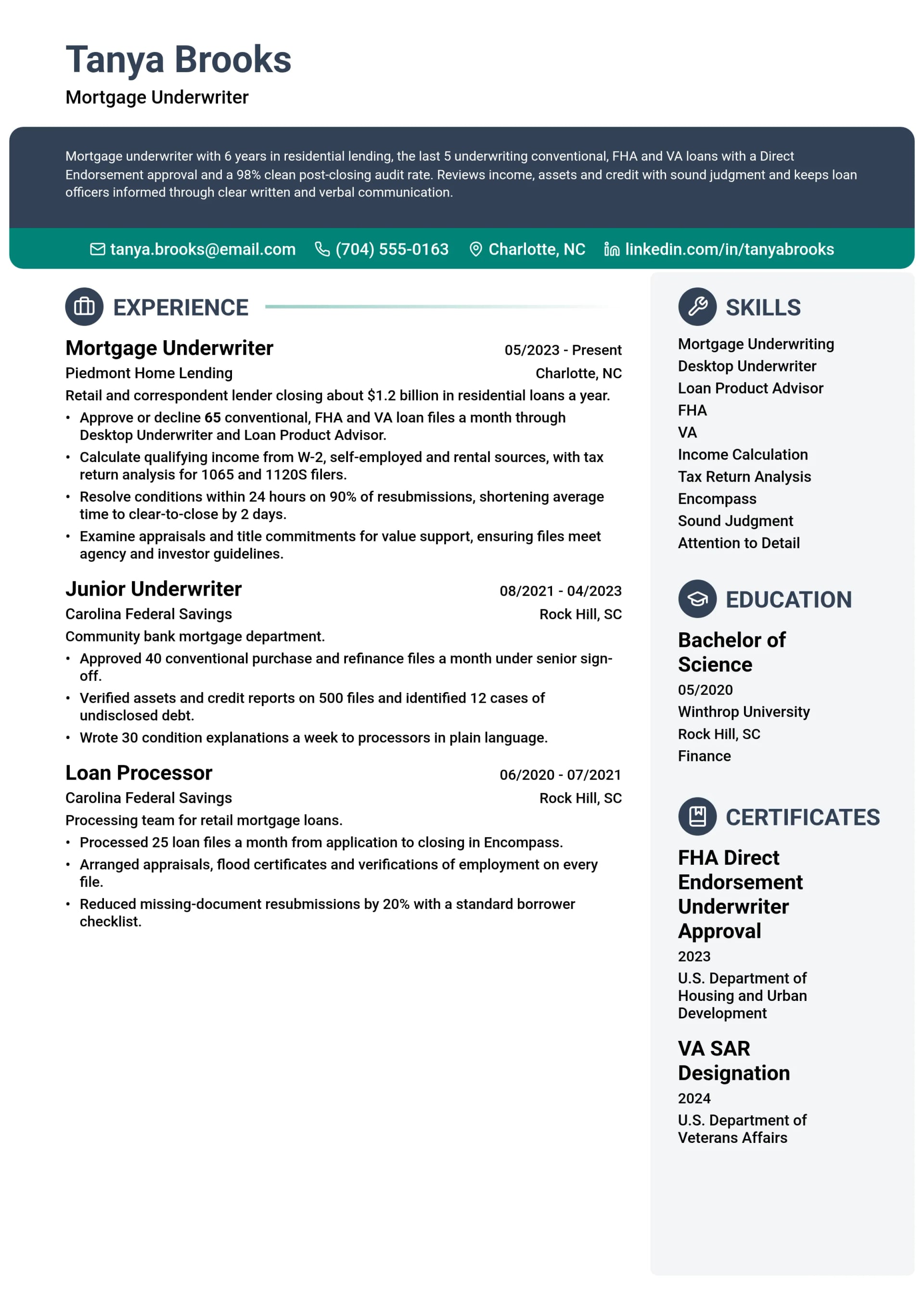 Mortgage Underwriter resume example
