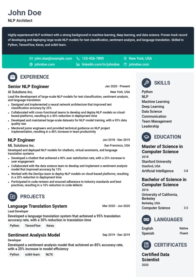 Natural Language Processing Architect resume example