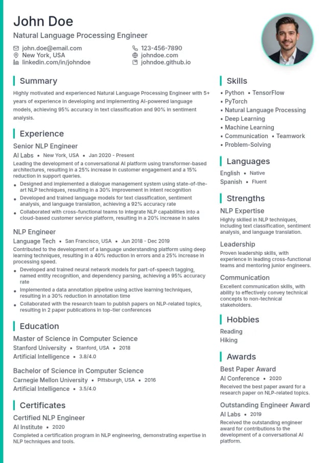 Natural Language Processing Engineer resume example