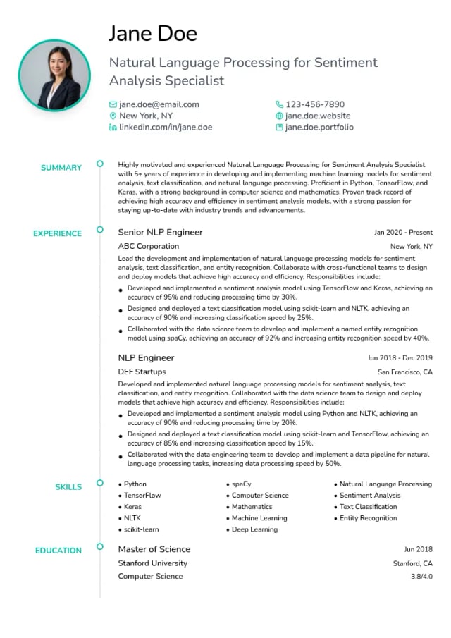 Natural Language Processing for Sentiment Analysis Specialist resume example