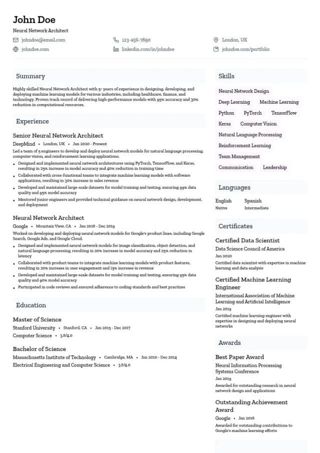 Neural Network Architect resume example