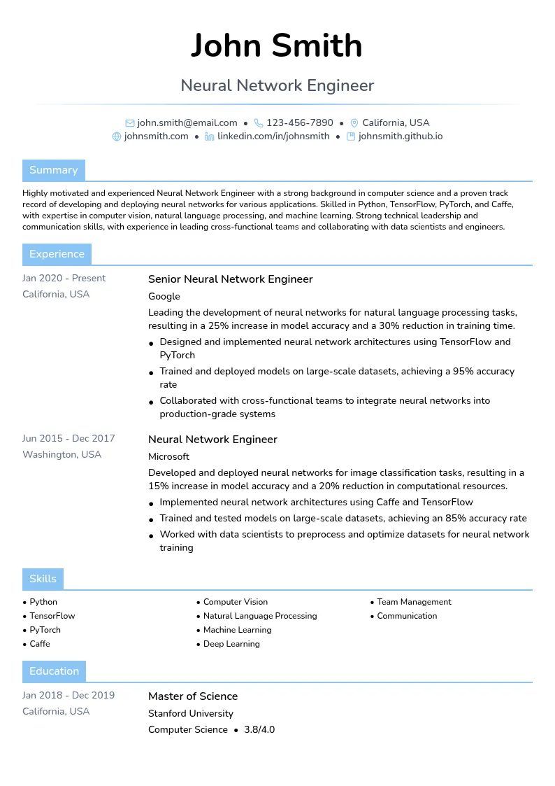Neural Network Engineer resume example