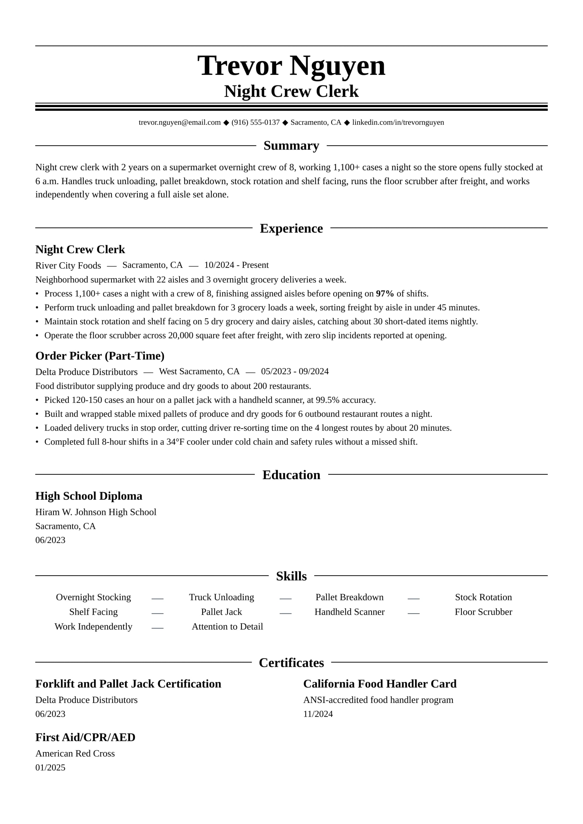Night Crew Clerk resume example