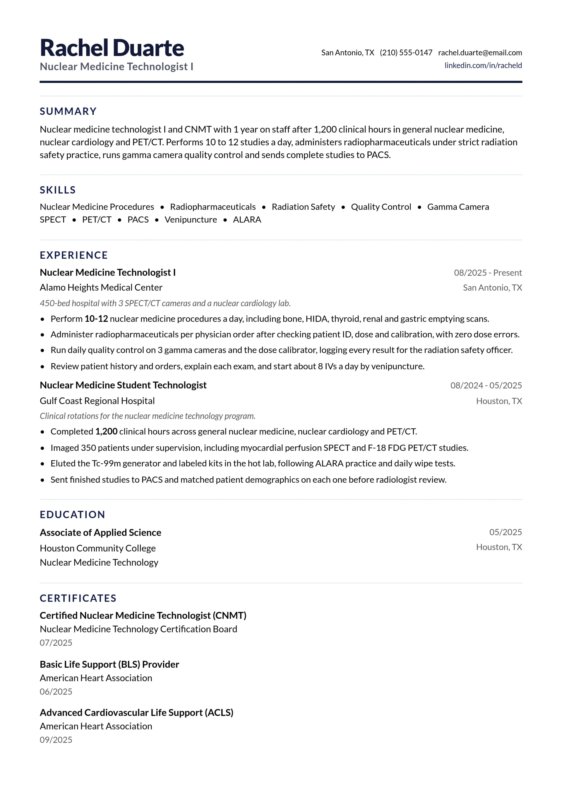 Nuclear Medicine Technologist I resume example