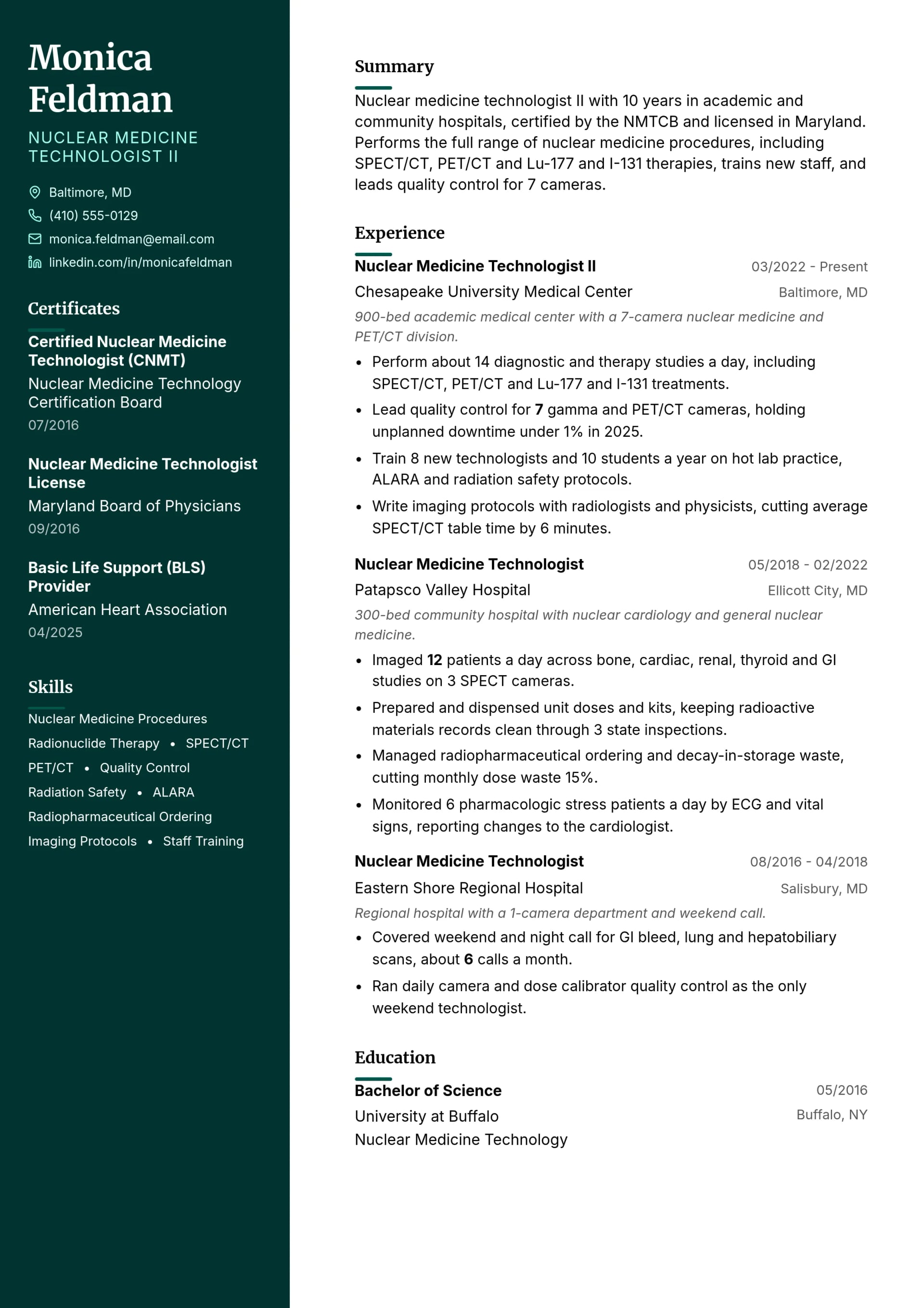 Nuclear Medicine Technologist II resume example