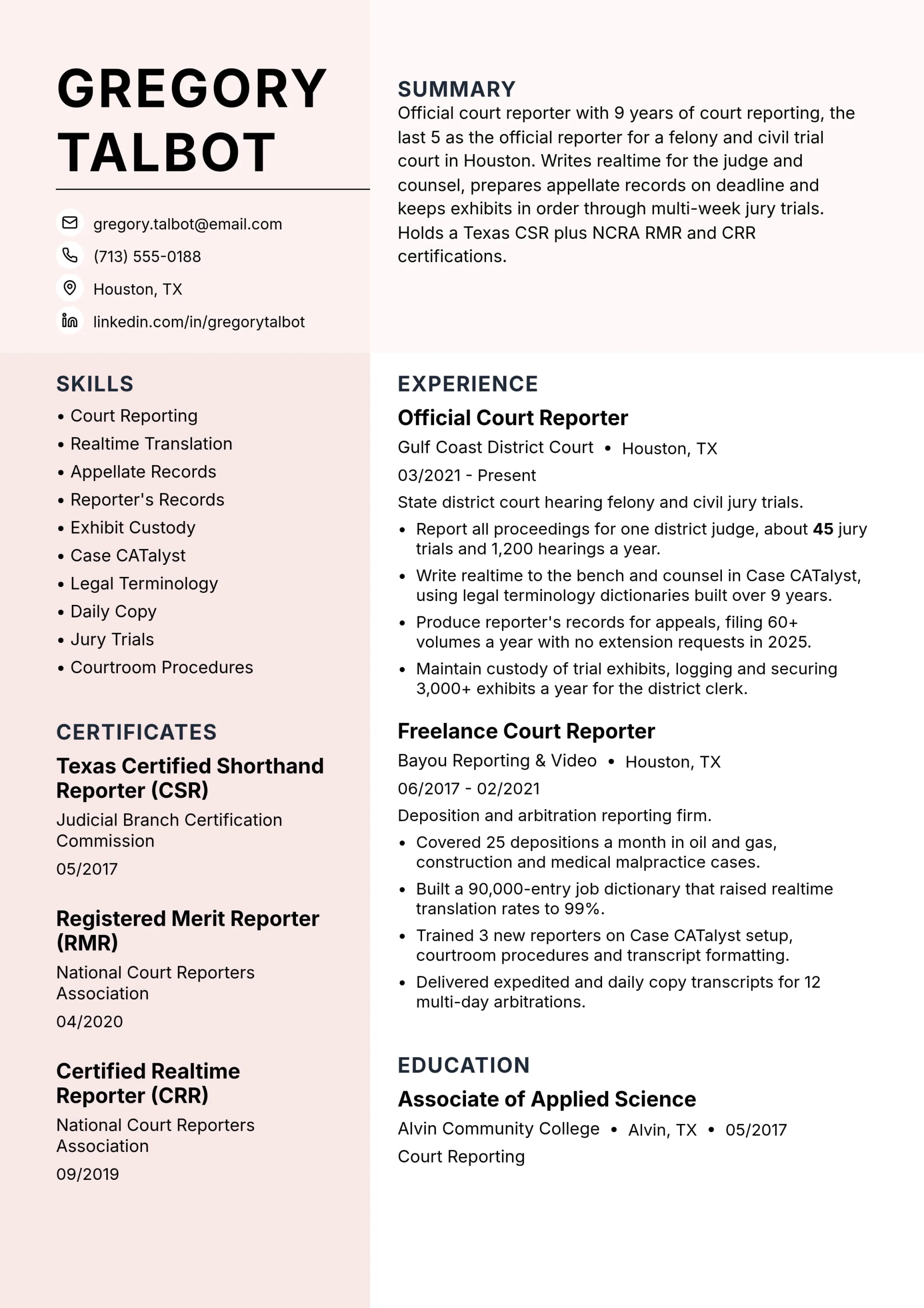 Official Court Reporter resume example