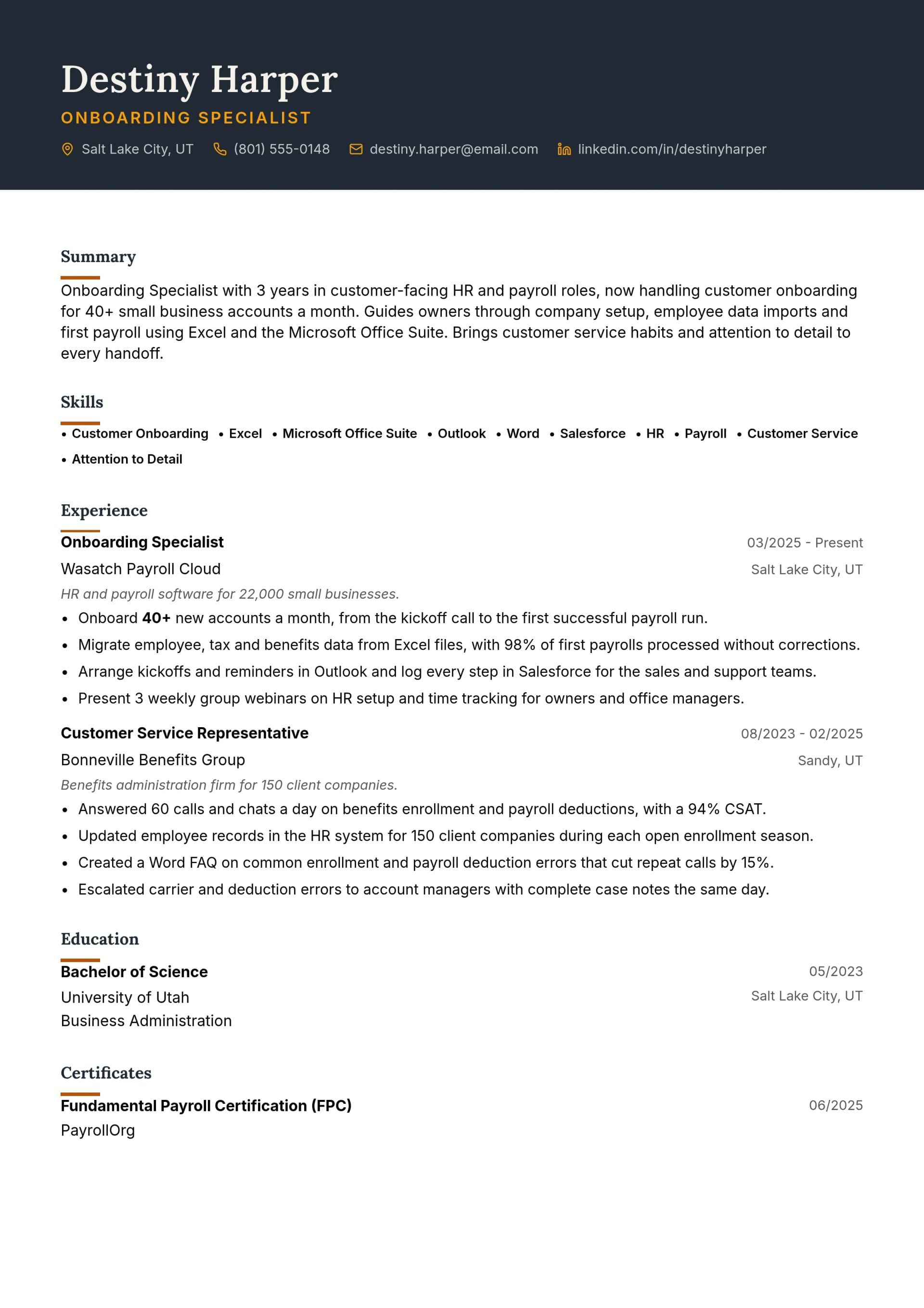 Onboarding Specialist resume example