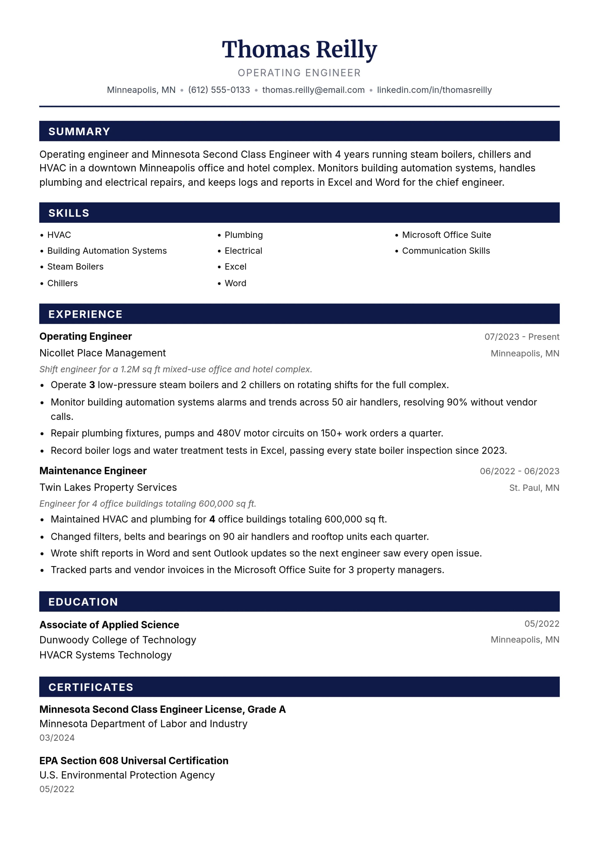 Operating Engineer resume example