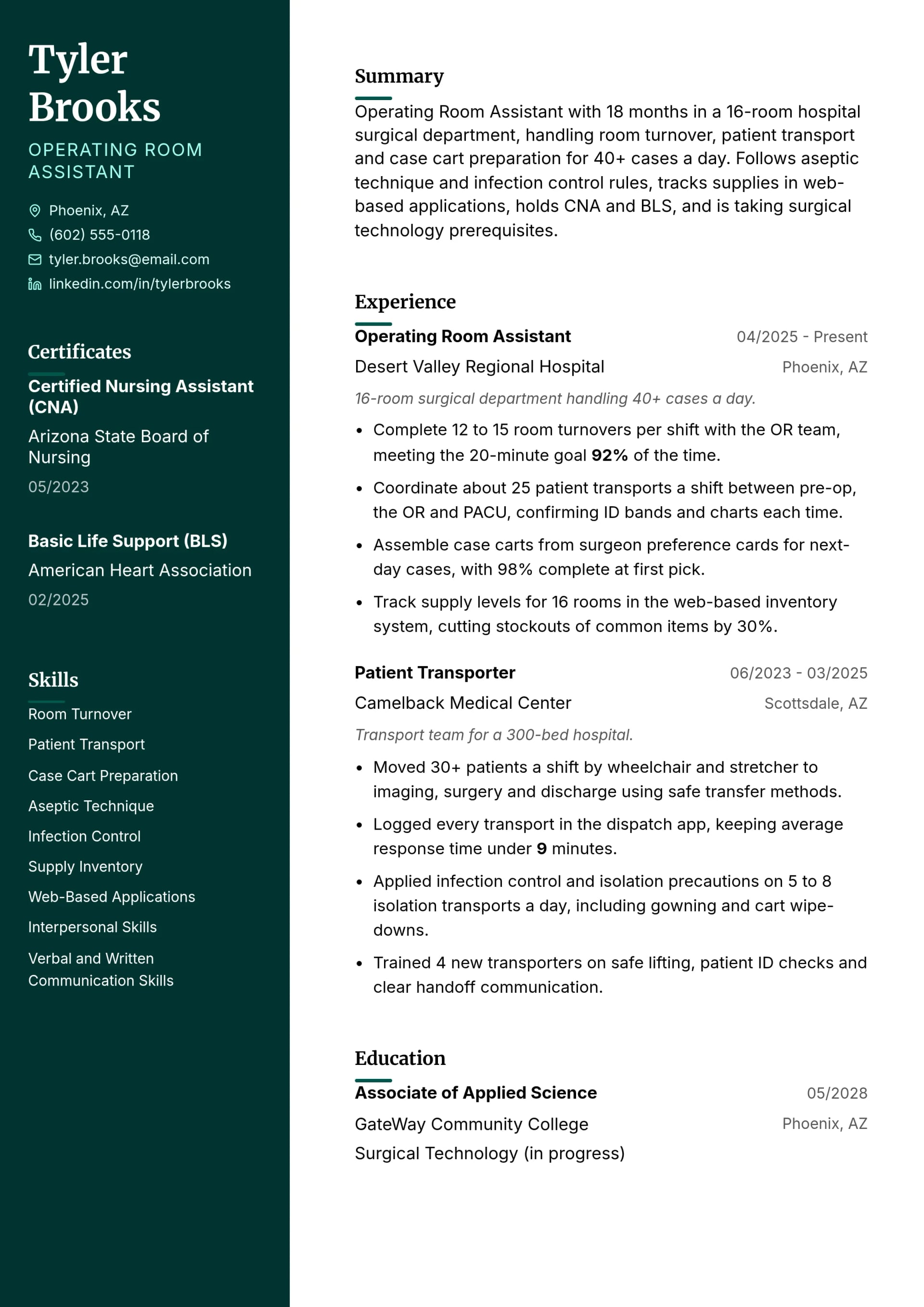 Operating Room Assistant resume example