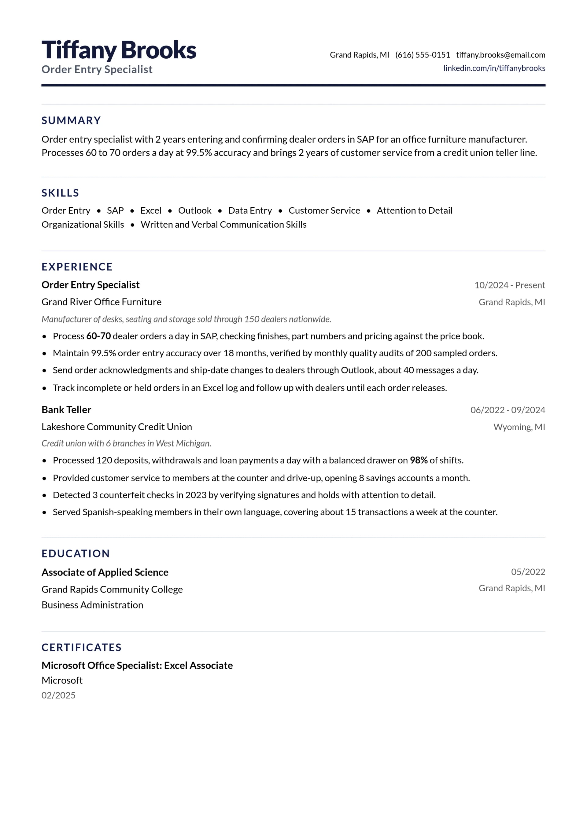 Order Entry Specialist resume example