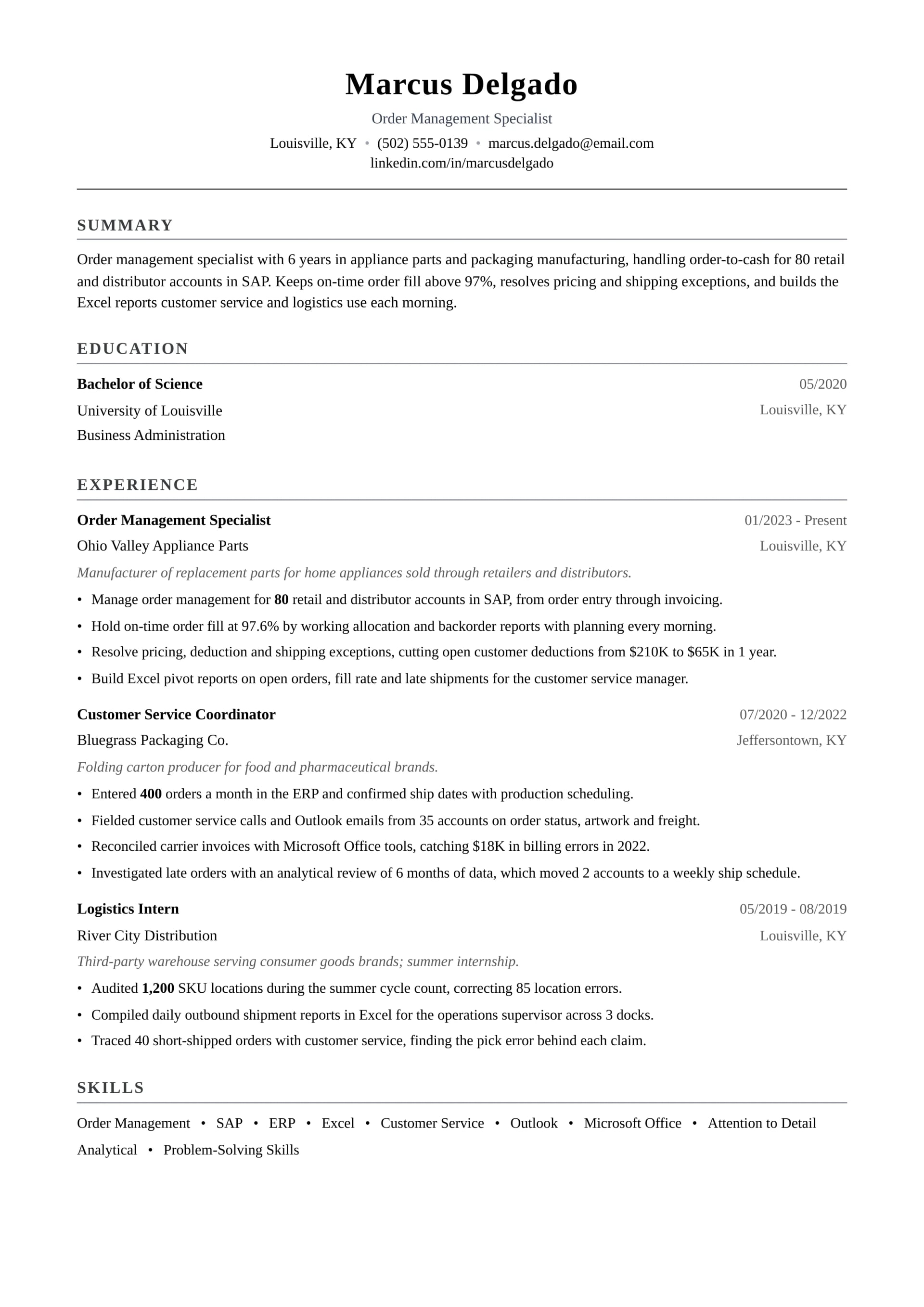 Order Management Specialist resume example