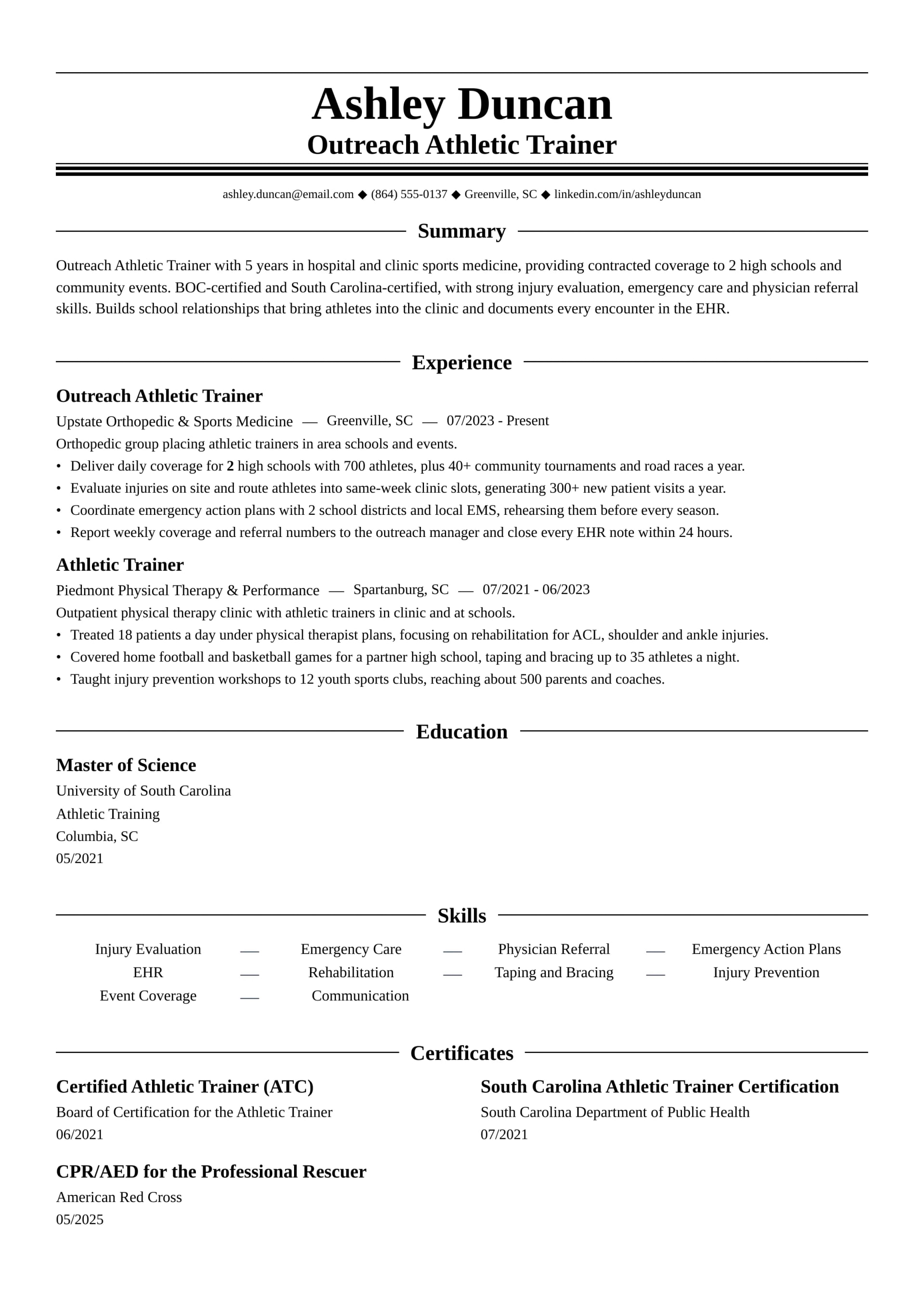 Outreach Athletic Trainer resume example