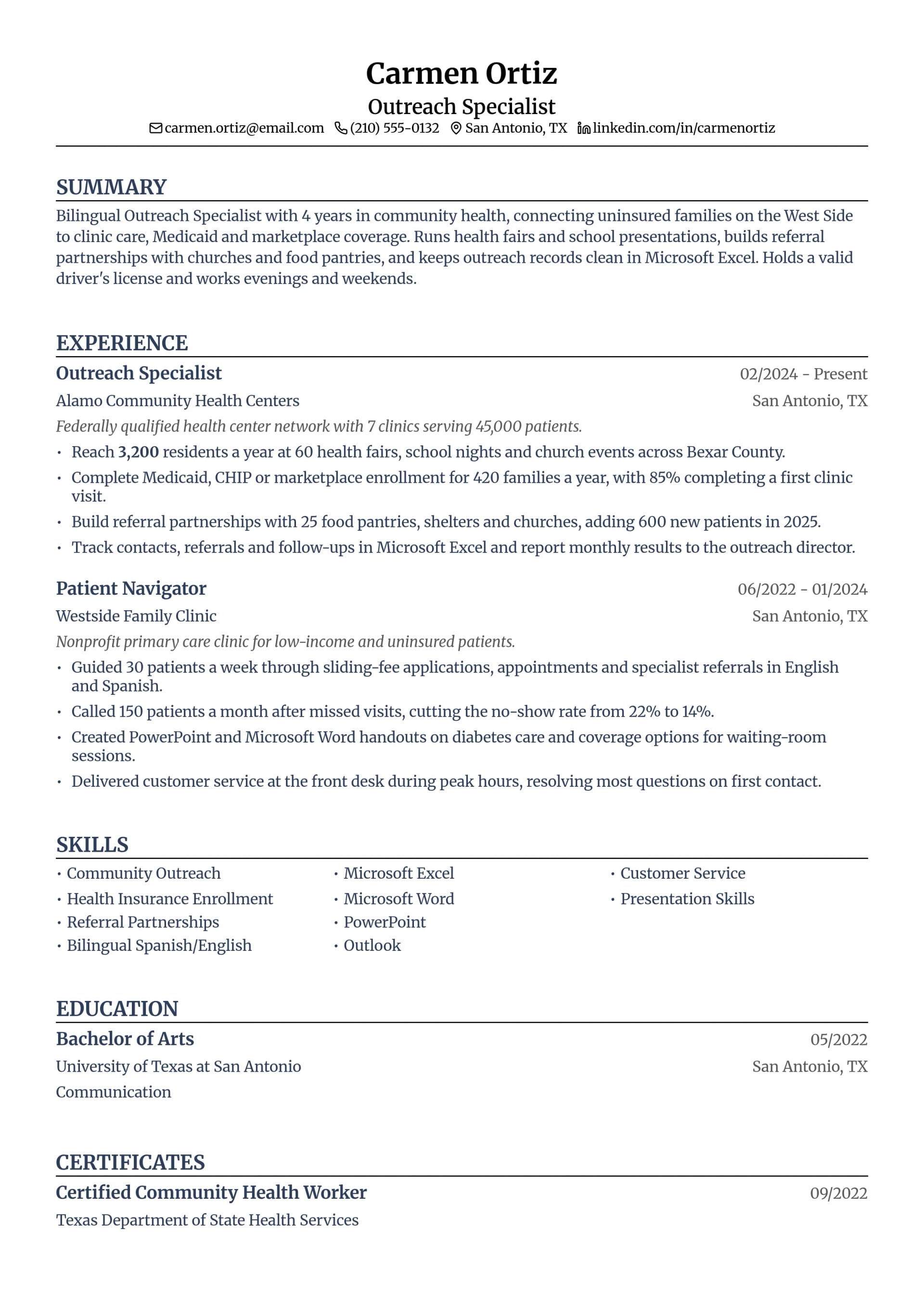 Outreach Specialist resume example