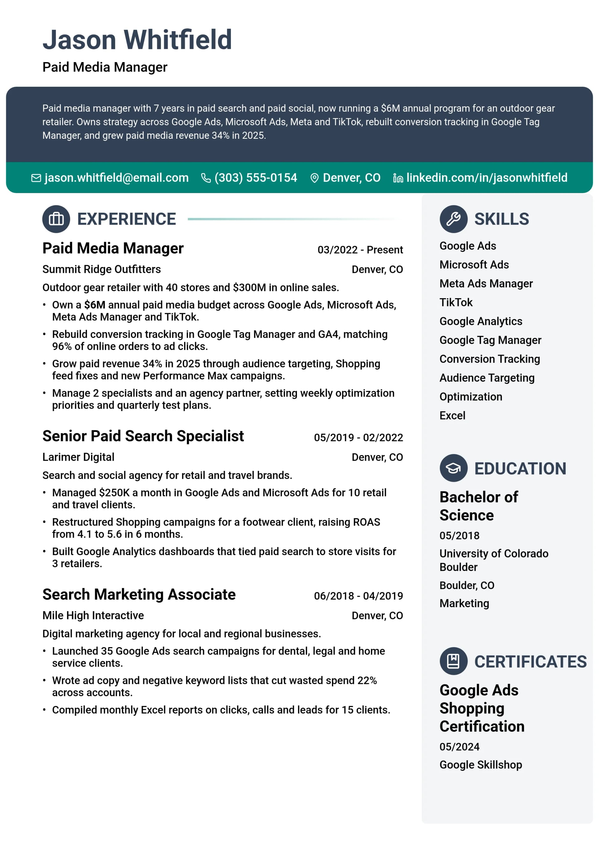 Paid Media Manager resume example