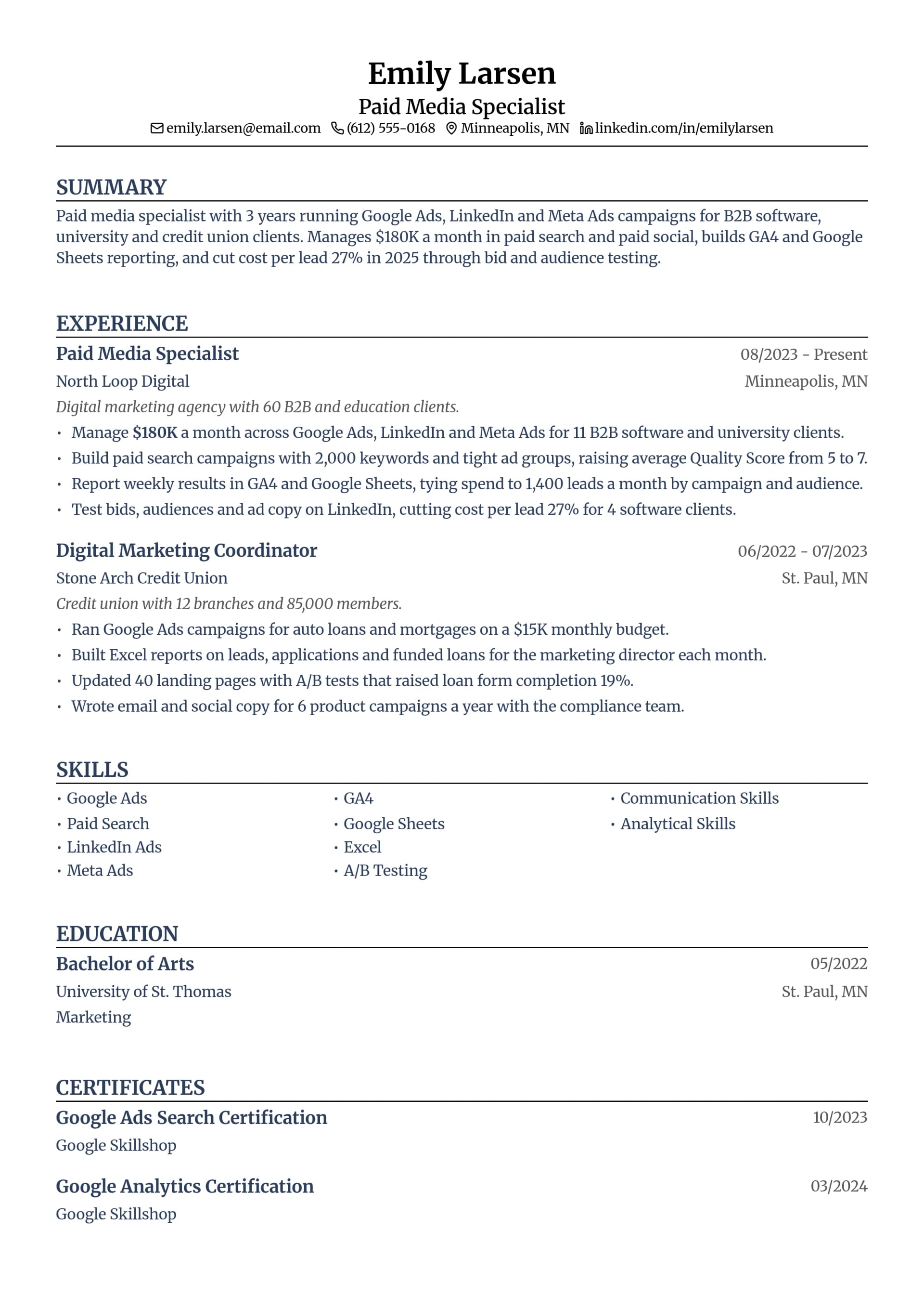 Paid Media Specialist resume example