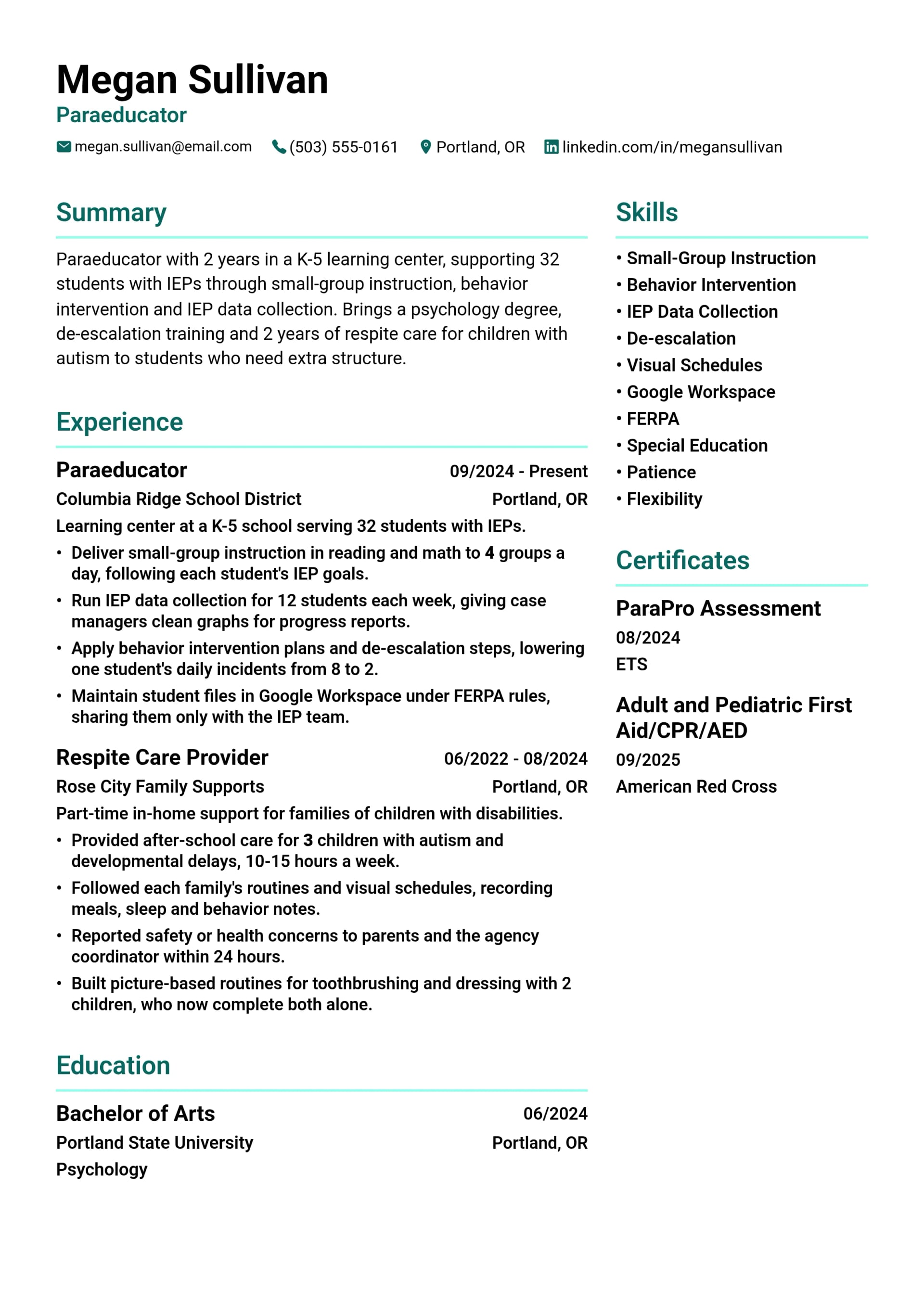 Paraeducator resume example