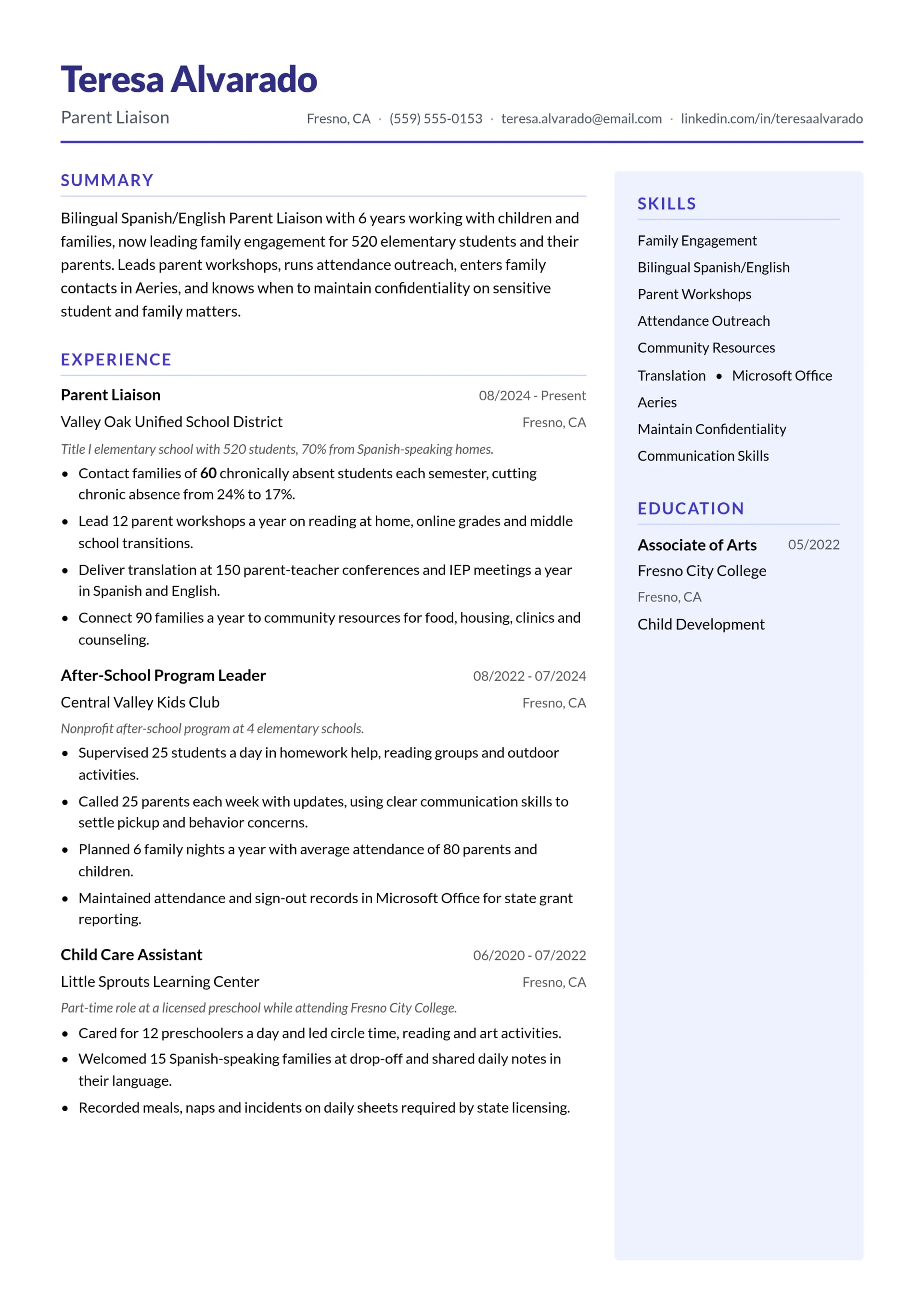 Parent Liaison resume example