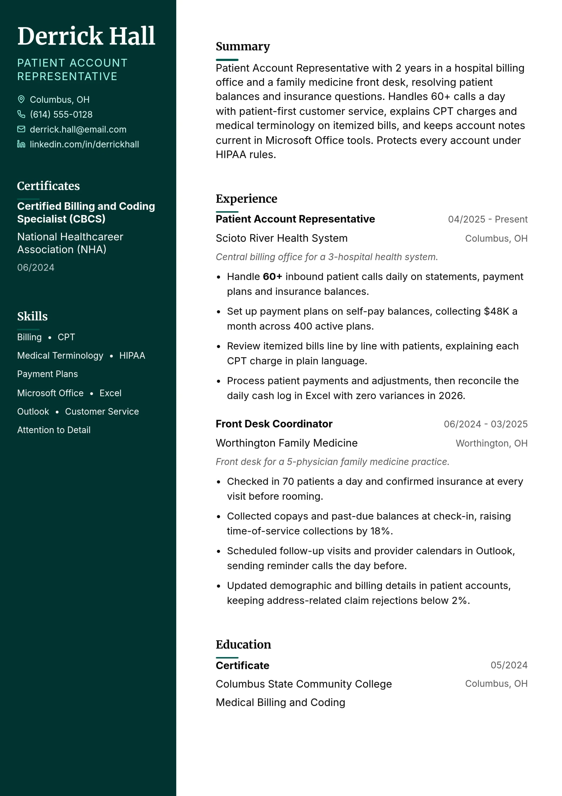 Patient Account Representative resume example
