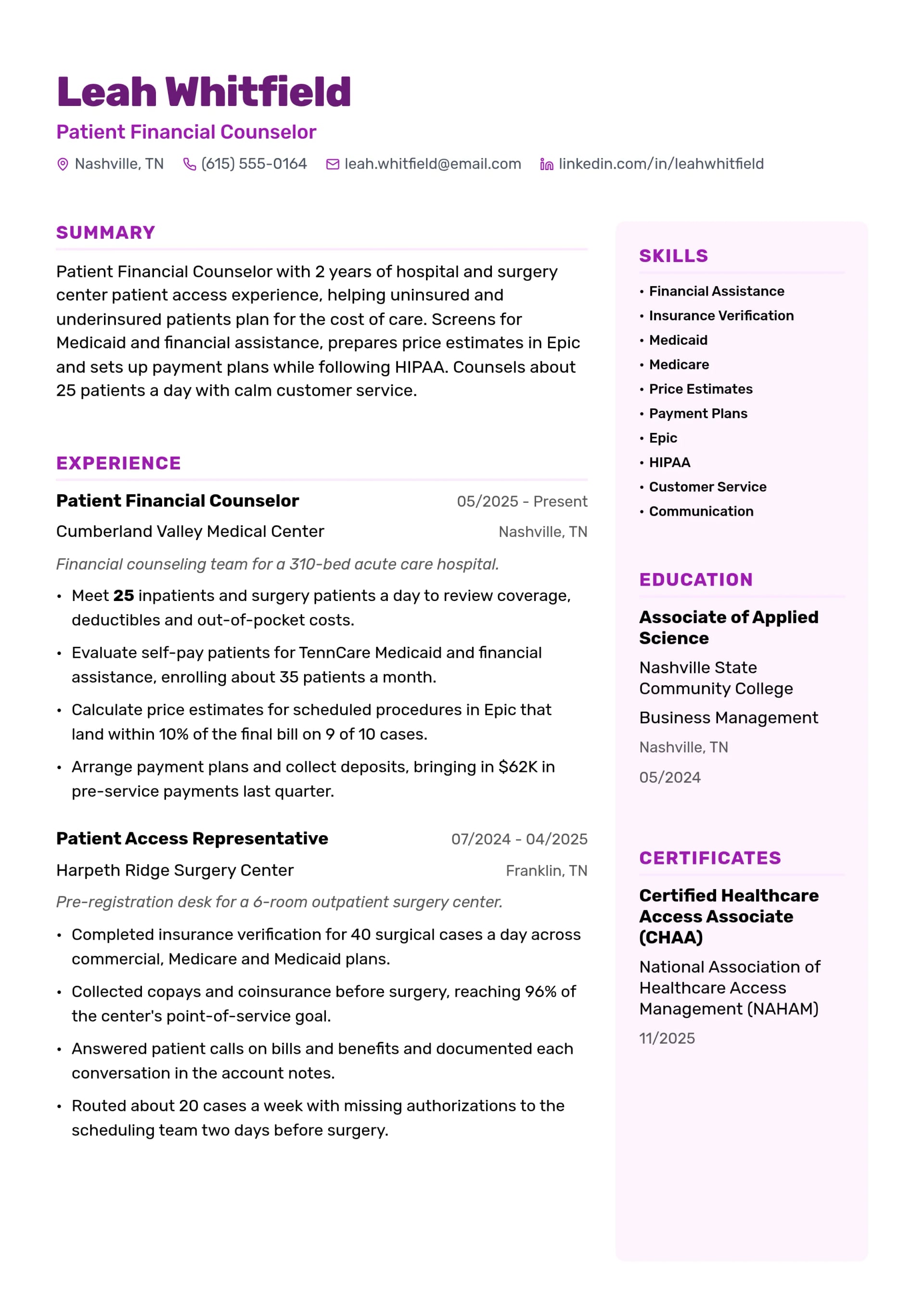 Patient Financial Counselor resume example