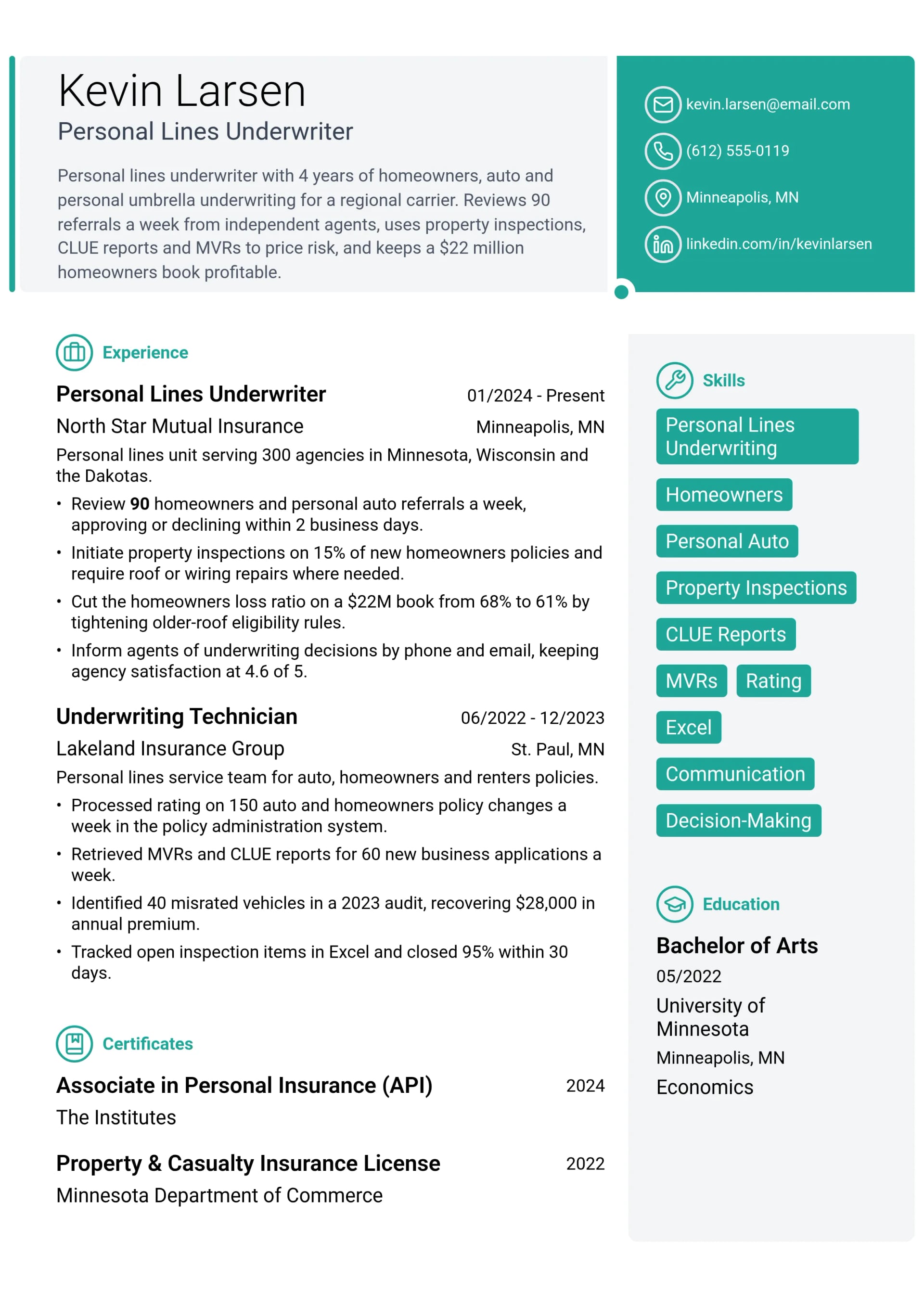 Personal Lines Underwriter resume example