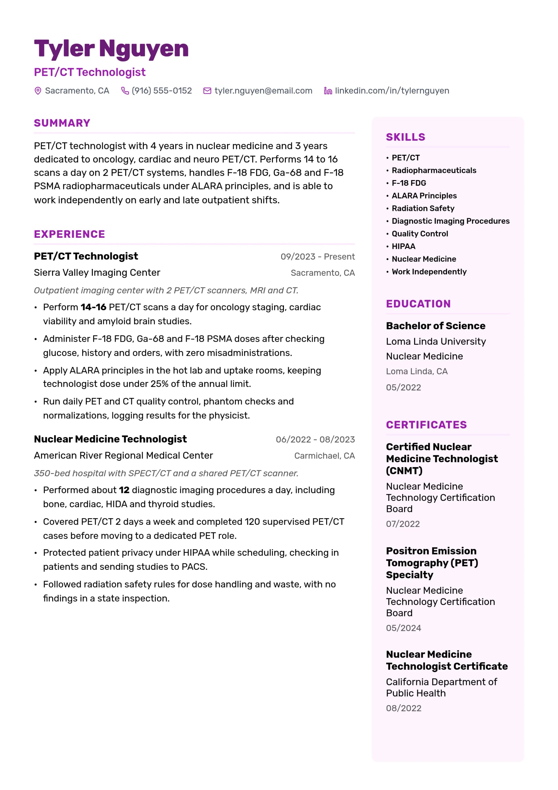 PET/CT Technologist resume example