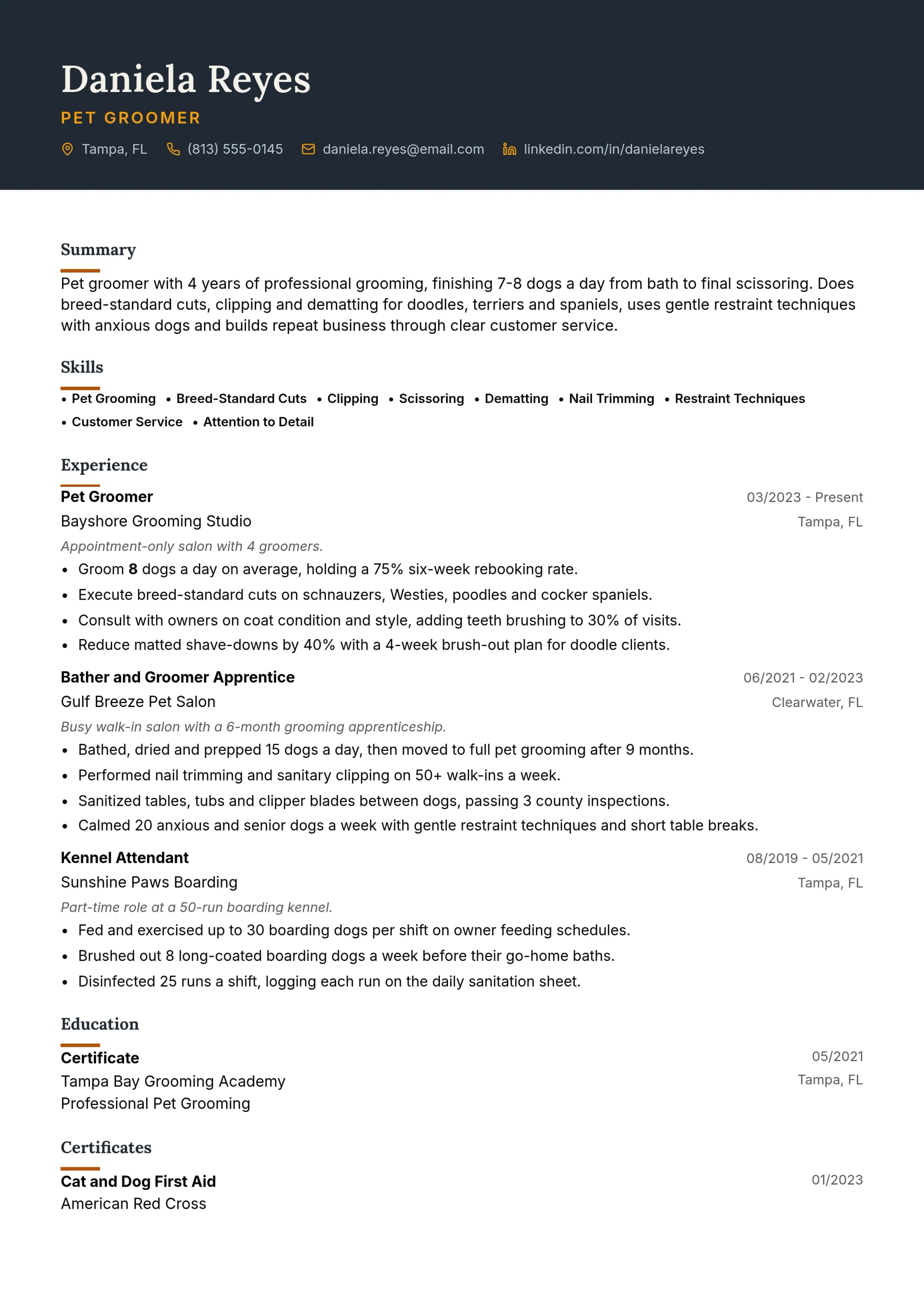 Pet Groomer resume example
