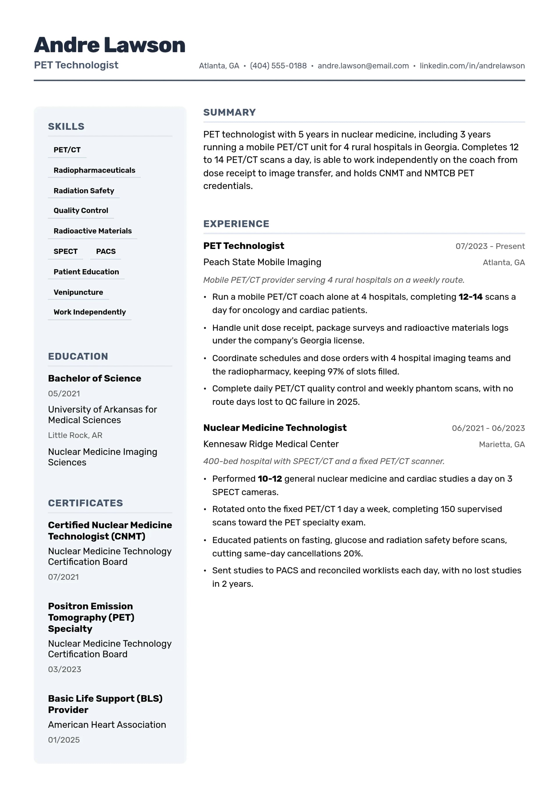 PET Technologist resume example