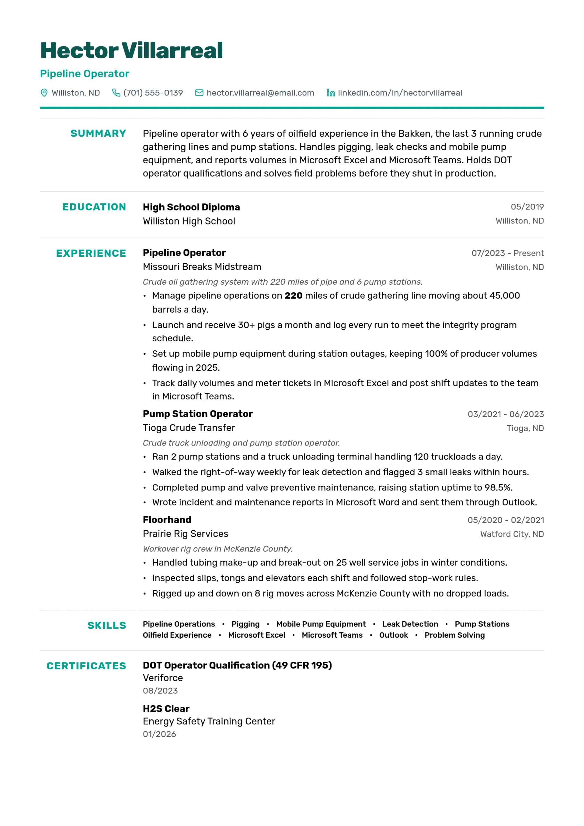 Pipeline Operator resume example