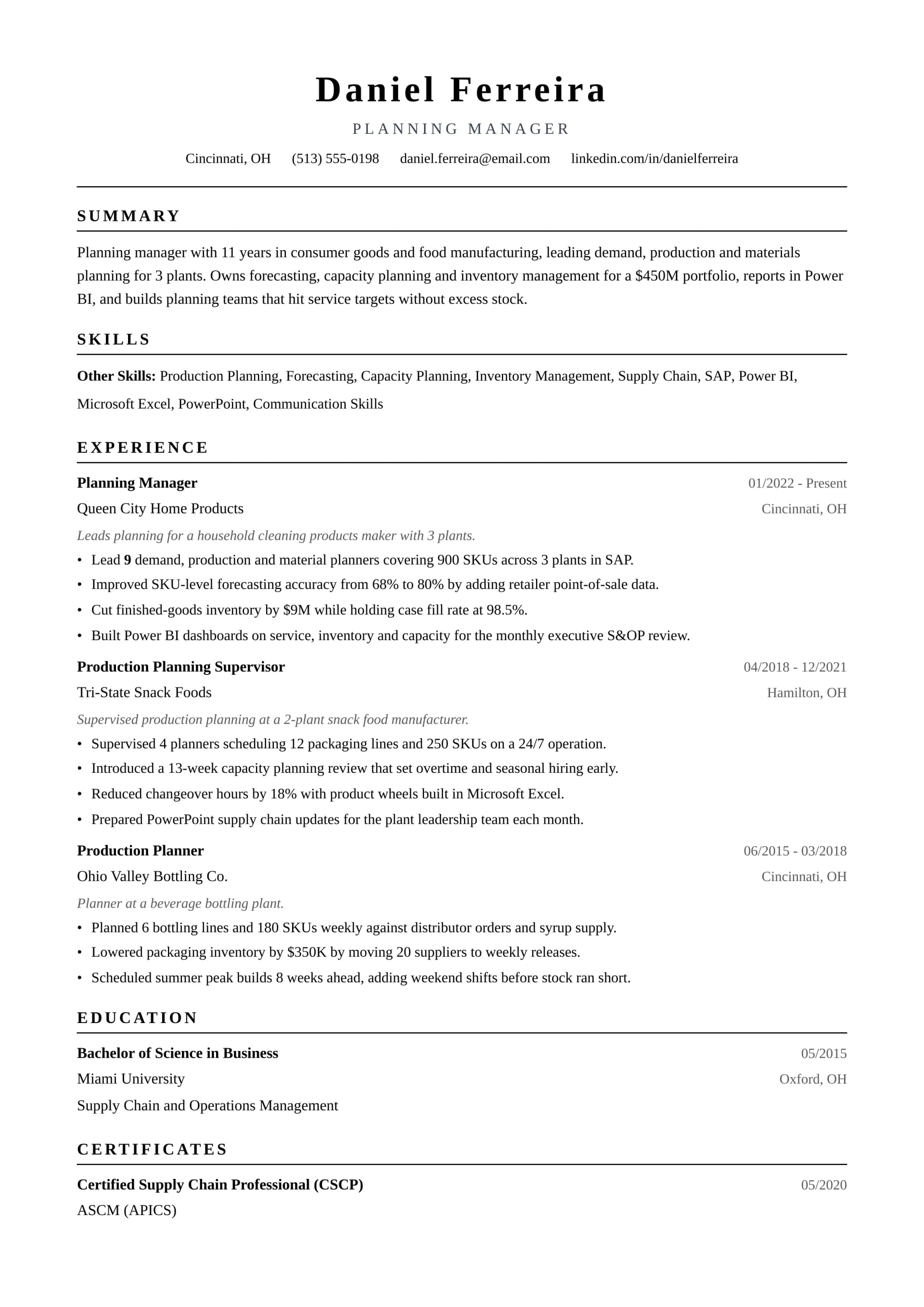 Planning Manager resume example