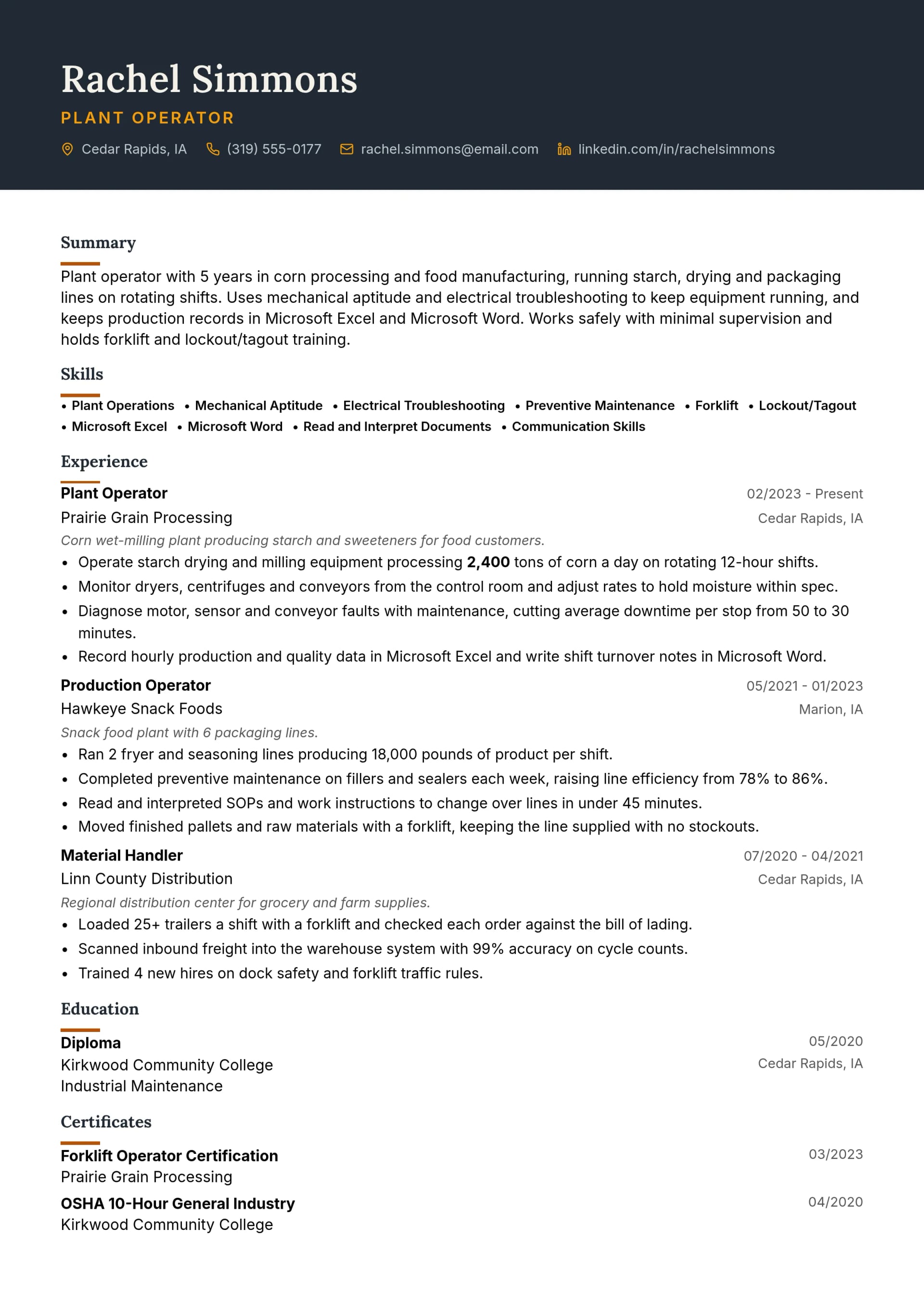 Plant Operator resume example