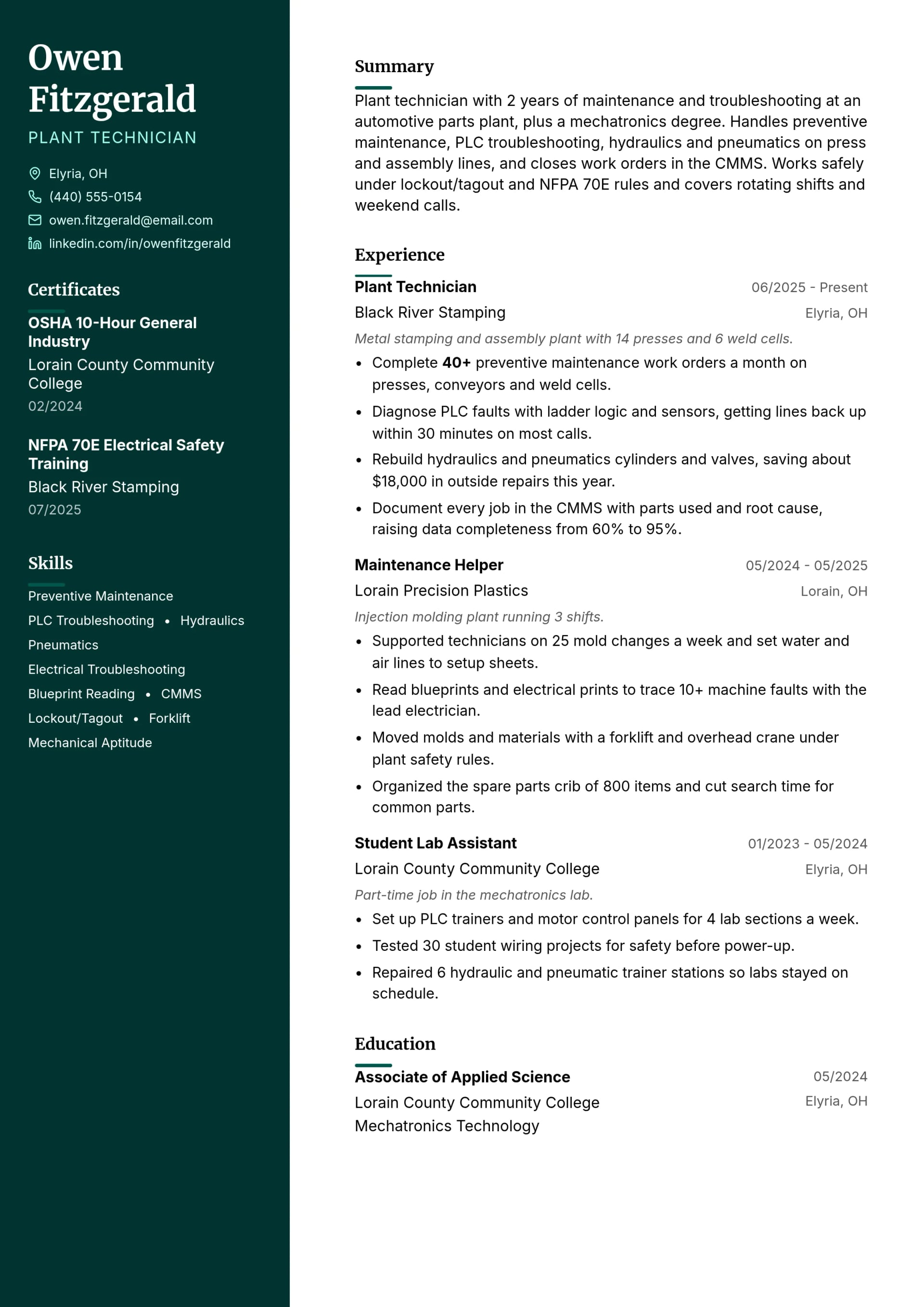Plant Technician resume example