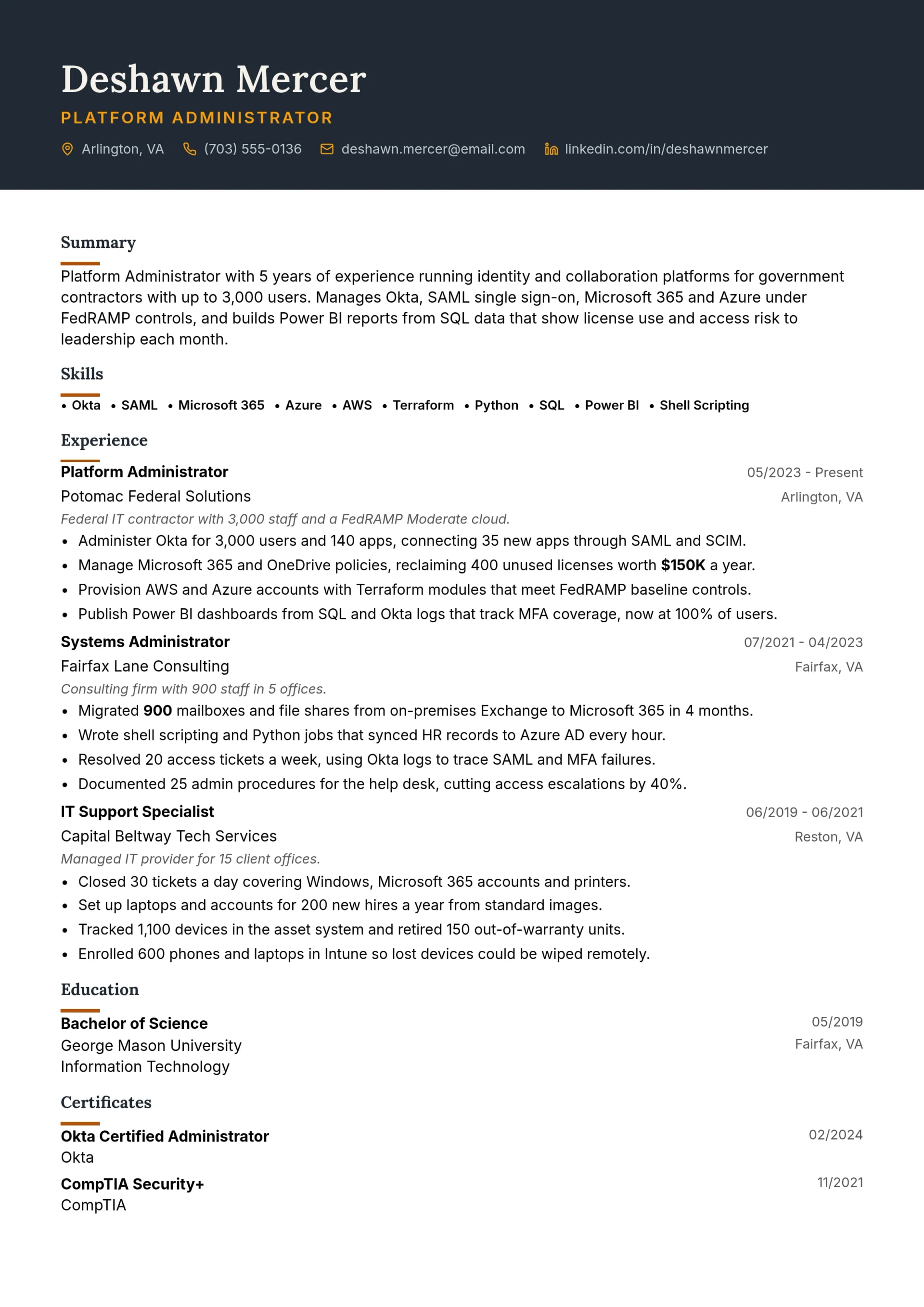 Platform Administrator resume example