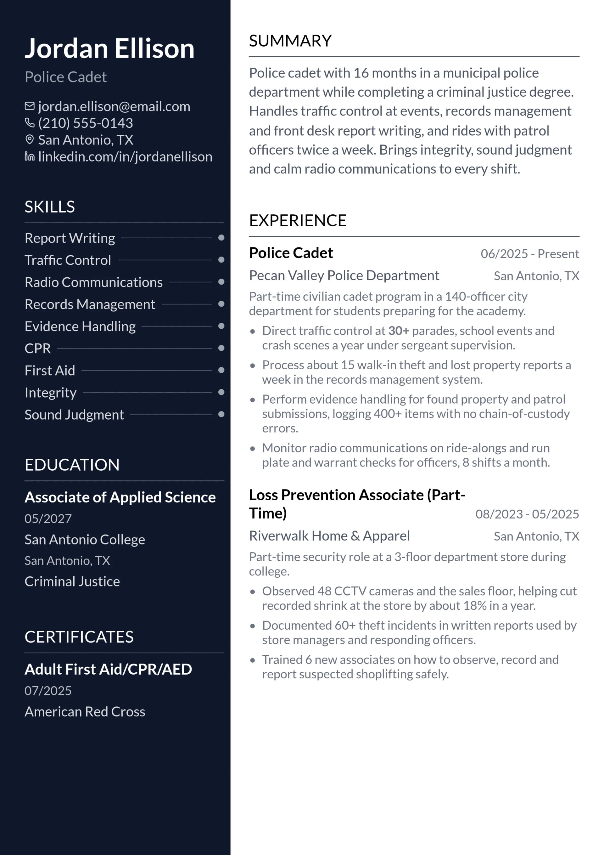 Police Cadet resume example