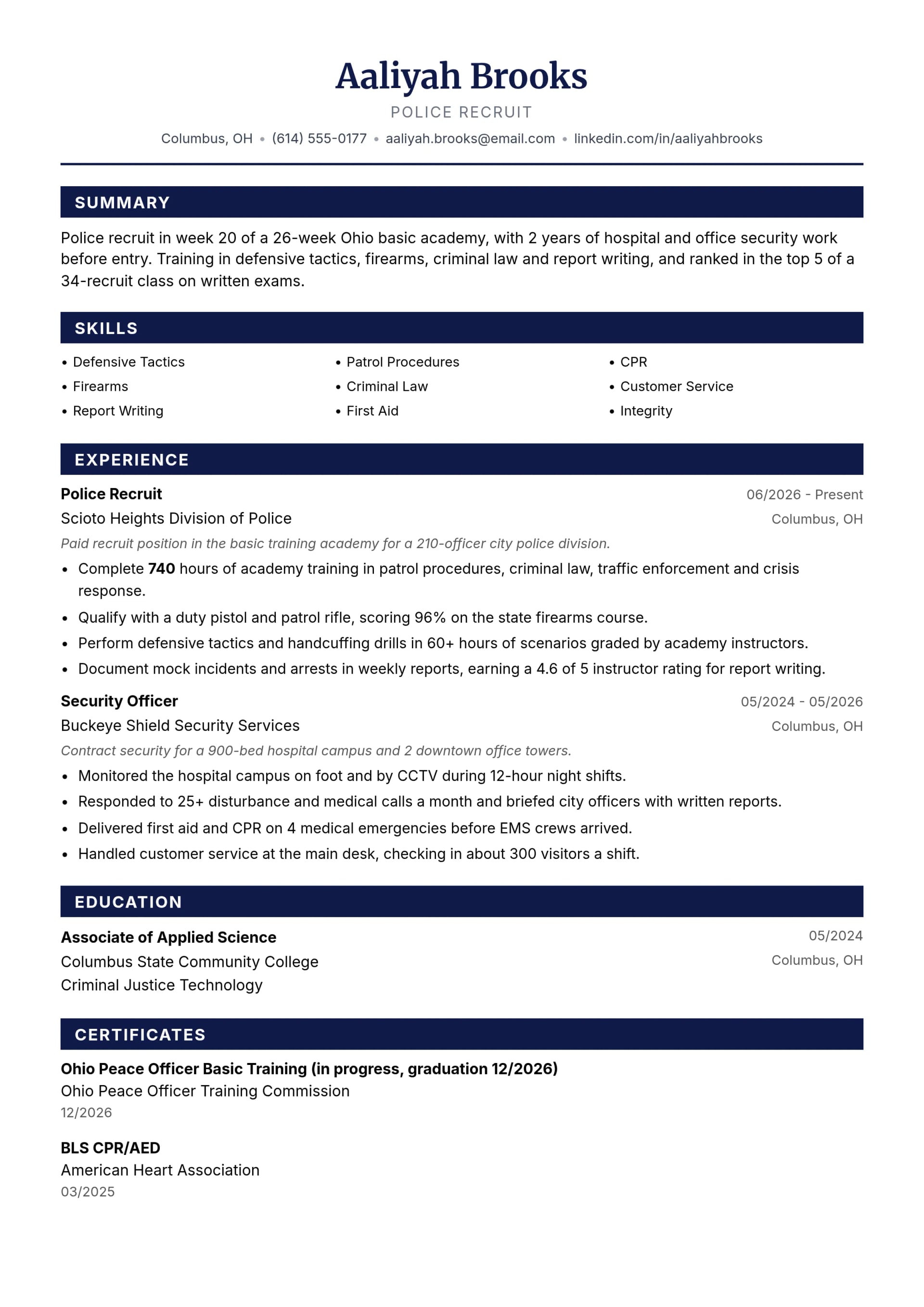 Police Recruit resume example