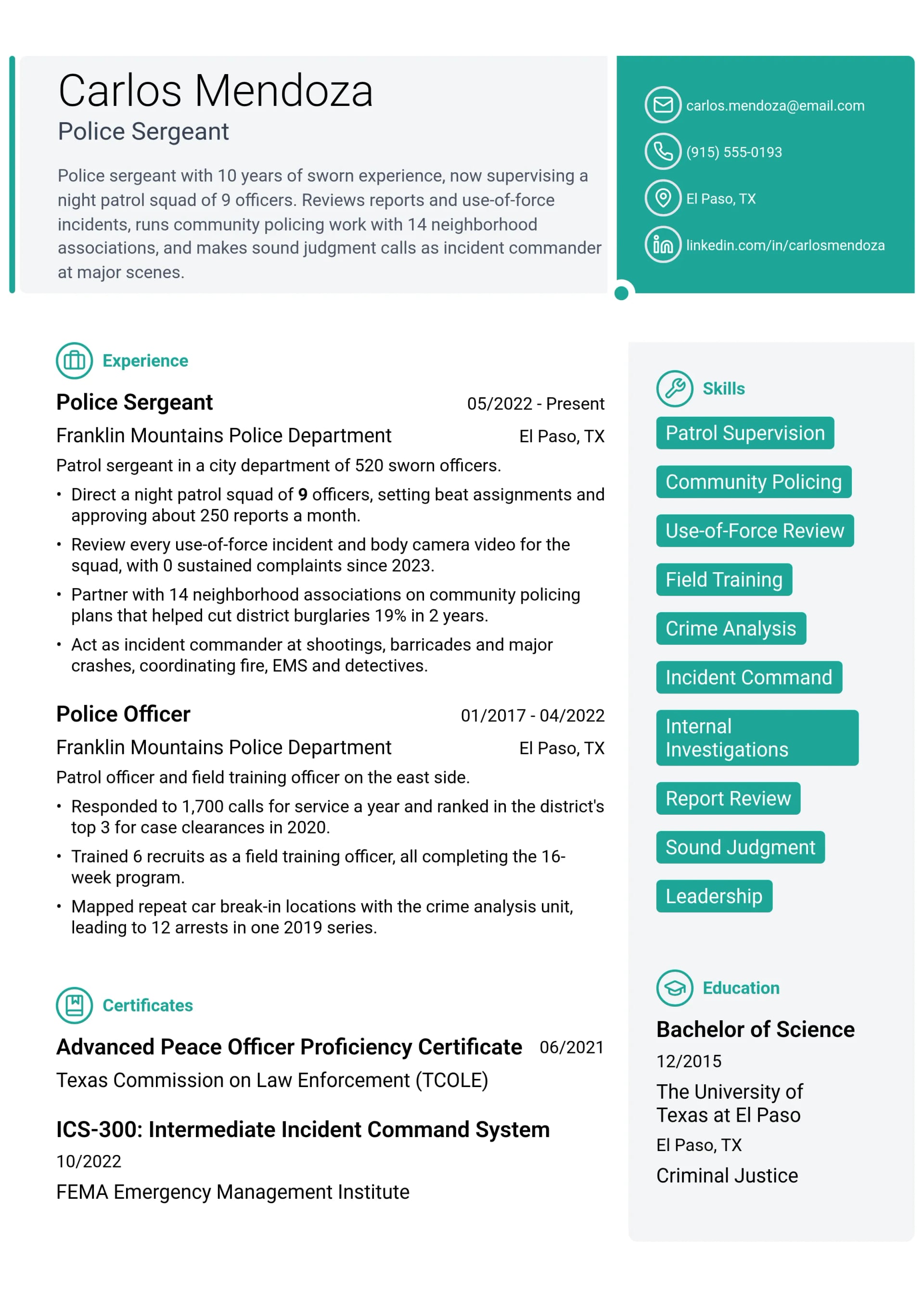 Police Sergeant resume example