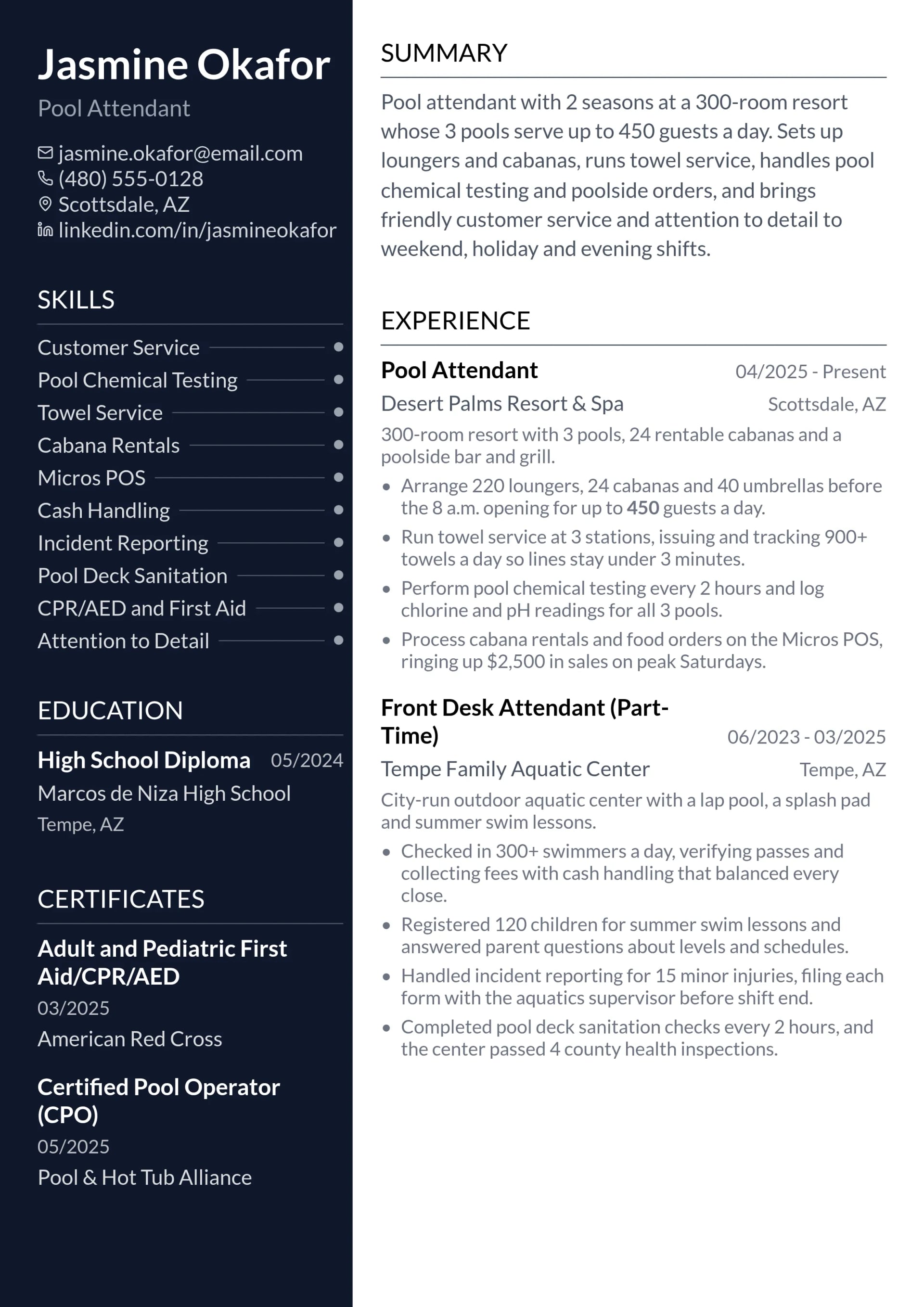 Pool Attendant resume example