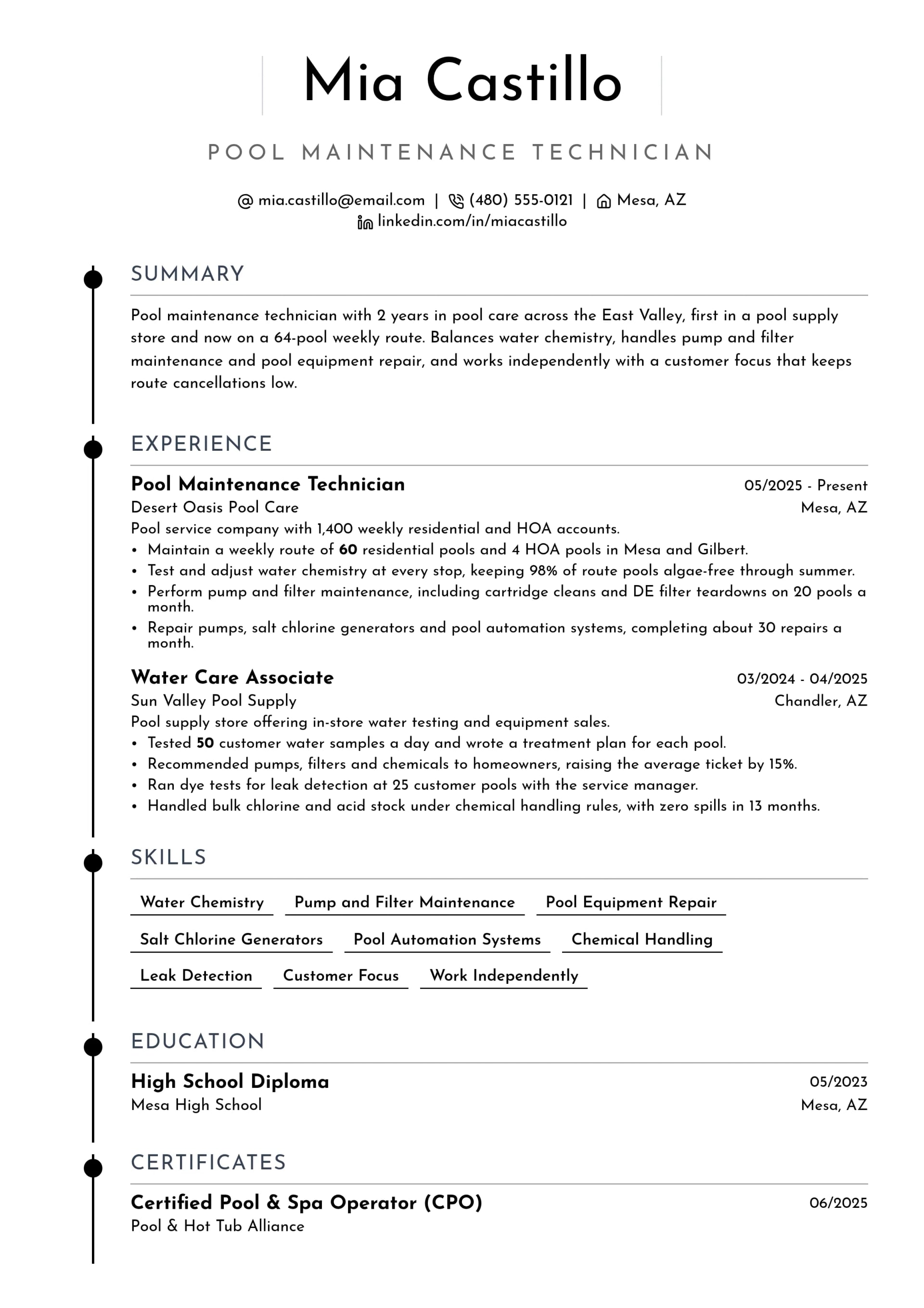 Pool Maintenance Technician resume example