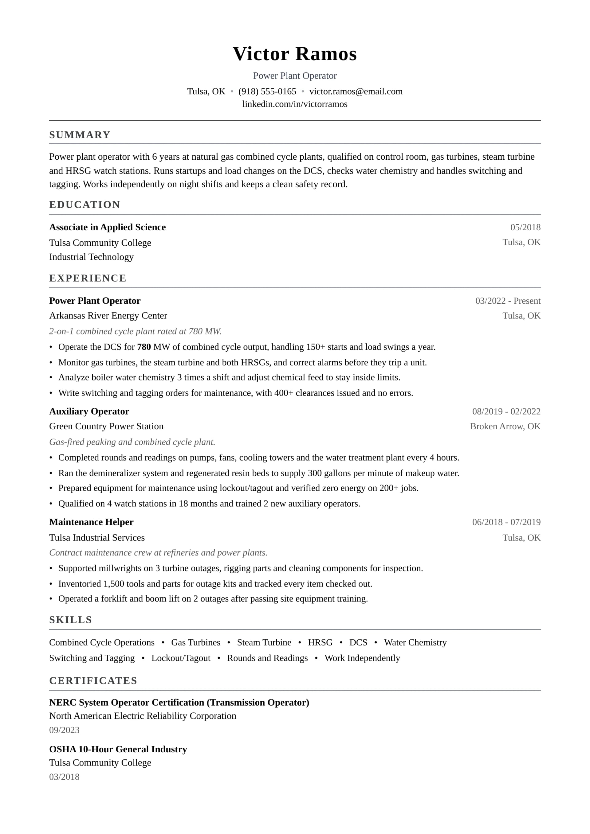 Power Plant Operator resume example