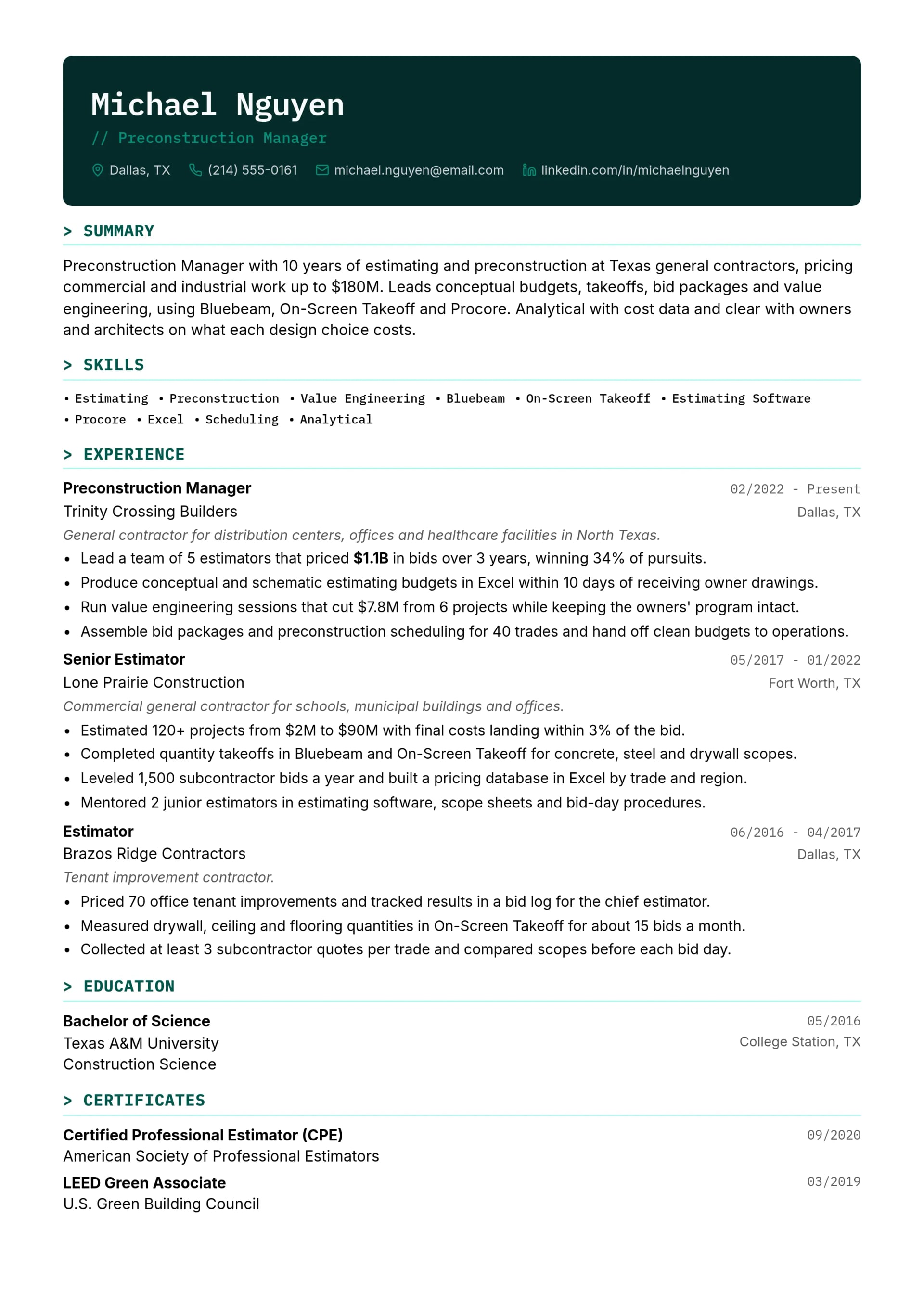 Preconstruction Manager resume example