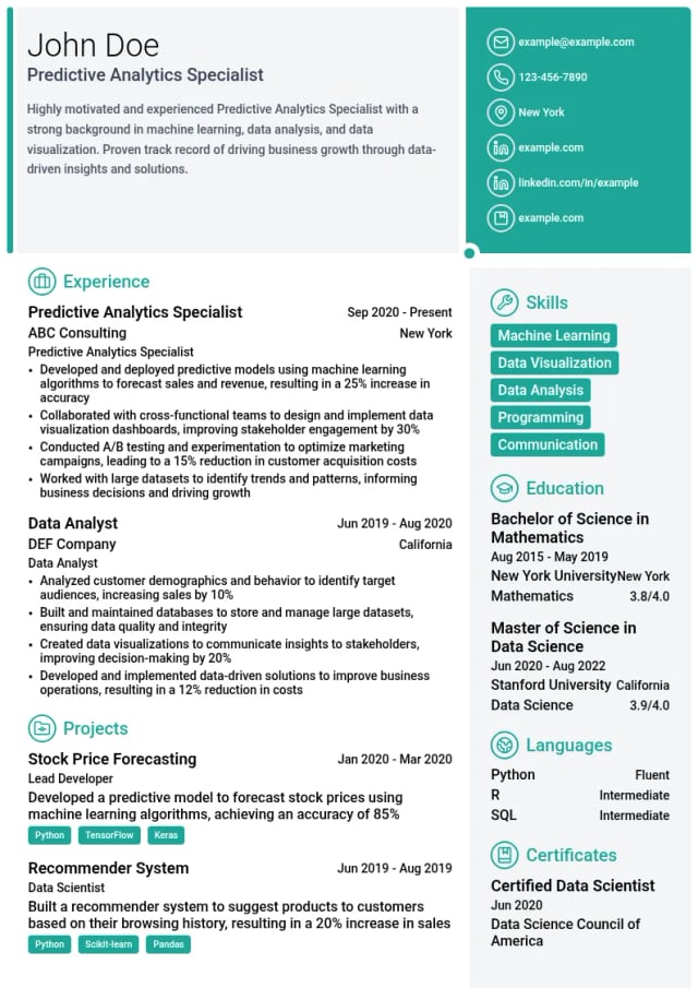 Predictive Analytics Specialist resume example