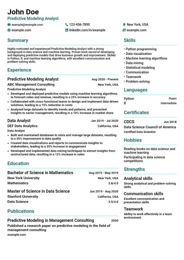Predictive Modeling Analyst resume example