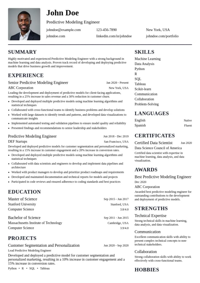 Predictive Modeling Engineer resume example