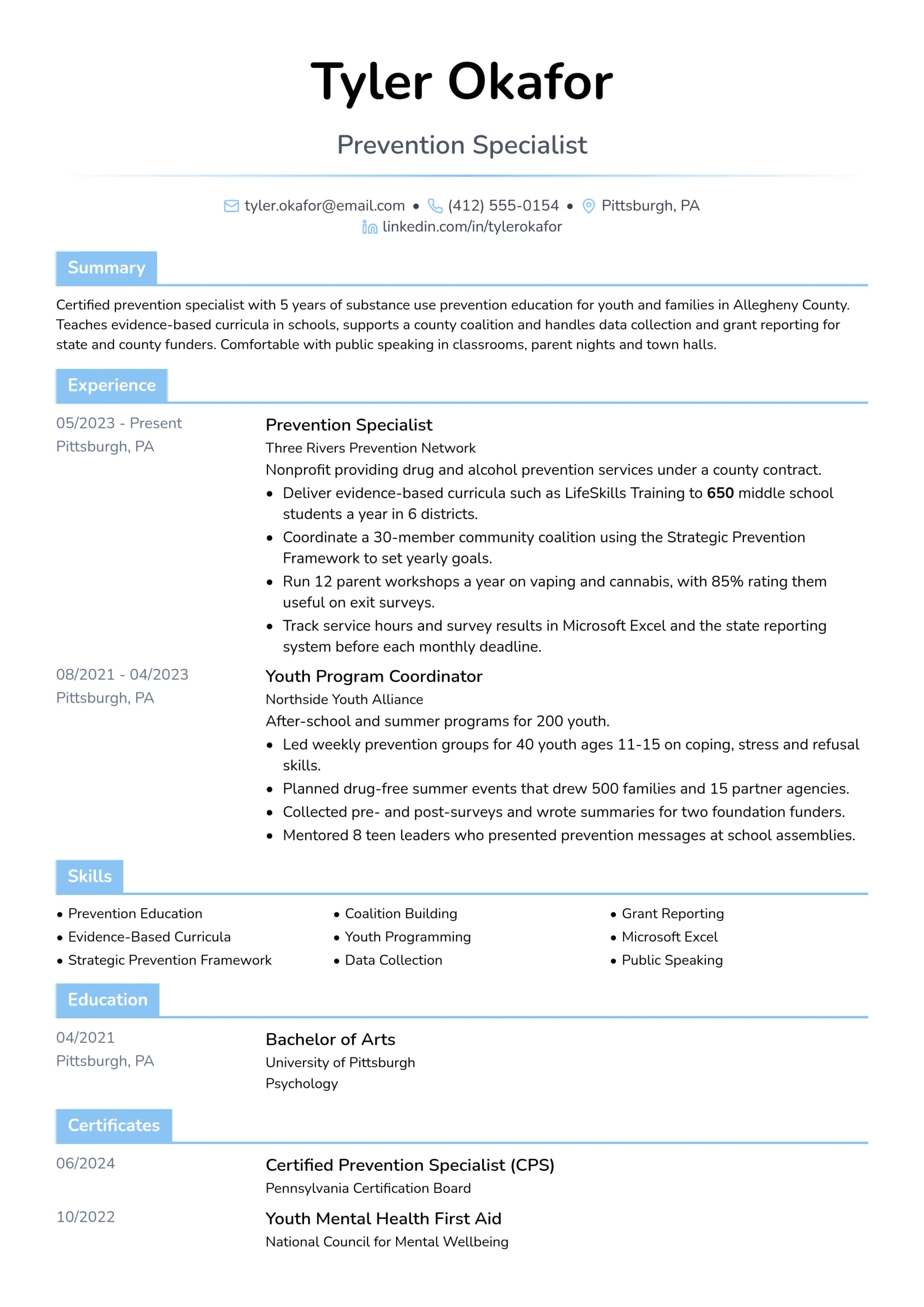Prevention Specialist resume example