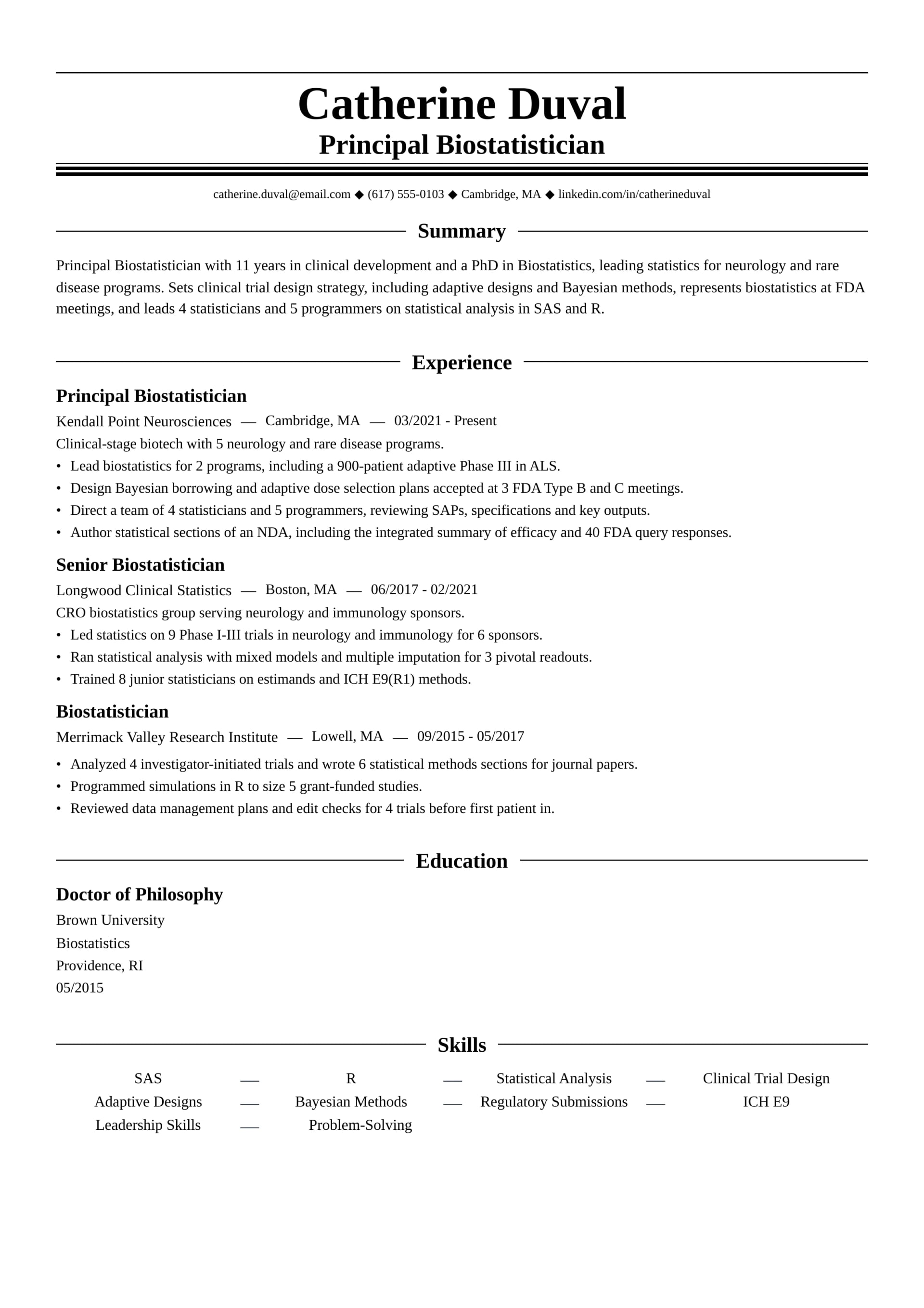 Principal Biostatistician resume example