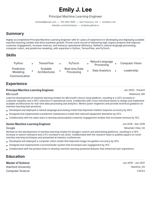 Principal Machine Learning Engineer resume example